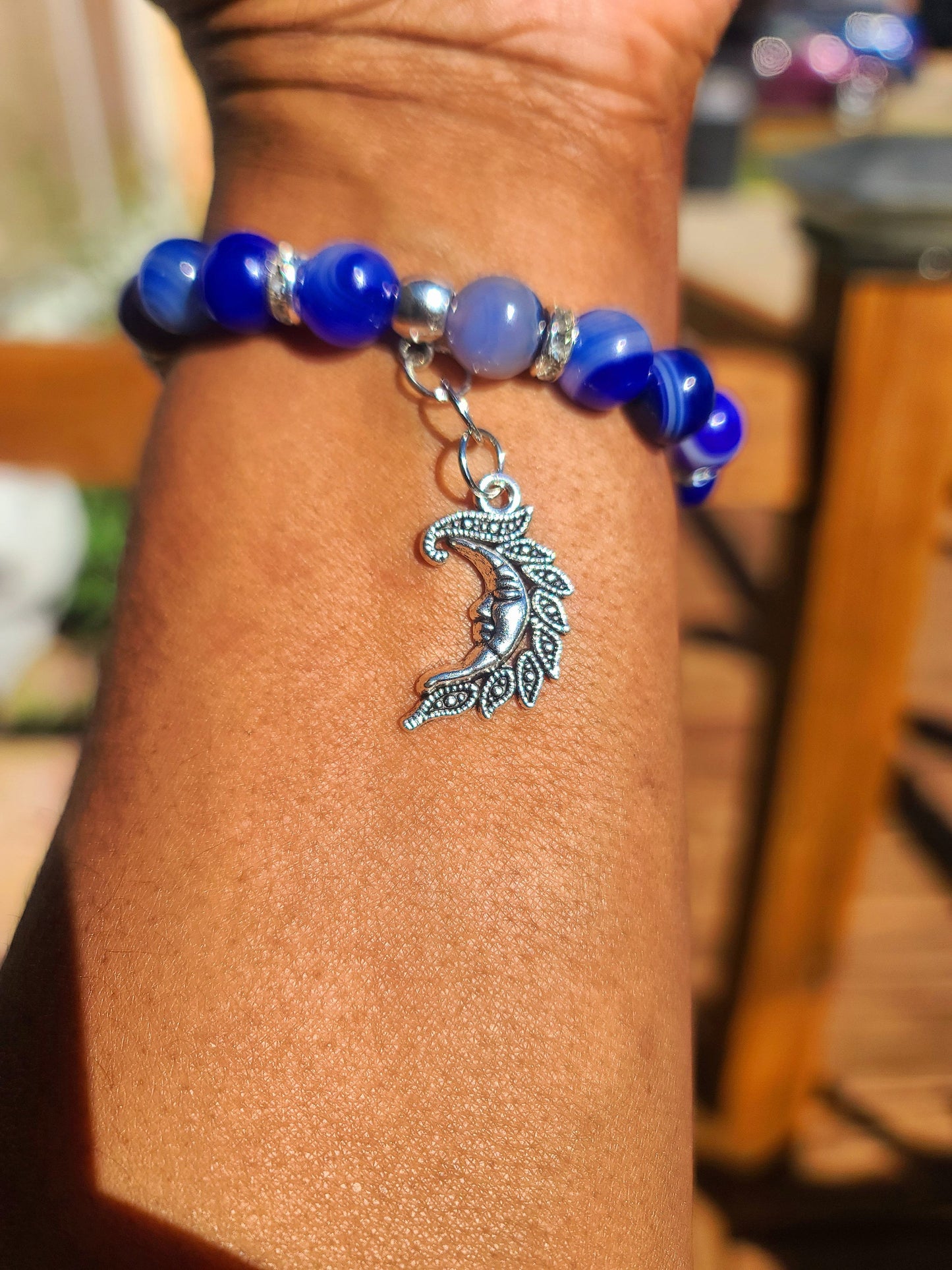 Beaded Bracelet Blue Banded Round Agate Gemstone Silver Moon Charm Gift For Her