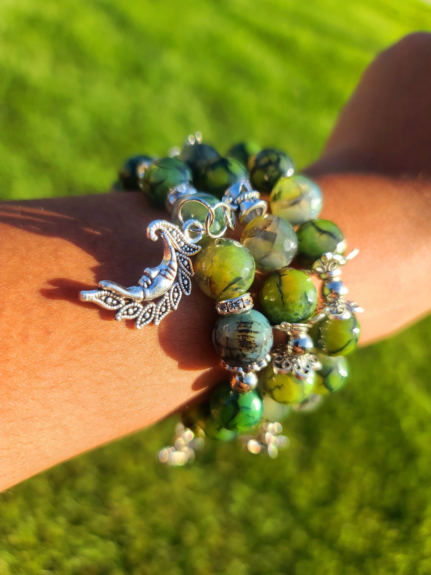 Beaded Bracelet Set Green Dragon Vein Faceted Agate Silver Moon & Stars Charms Gift For Her