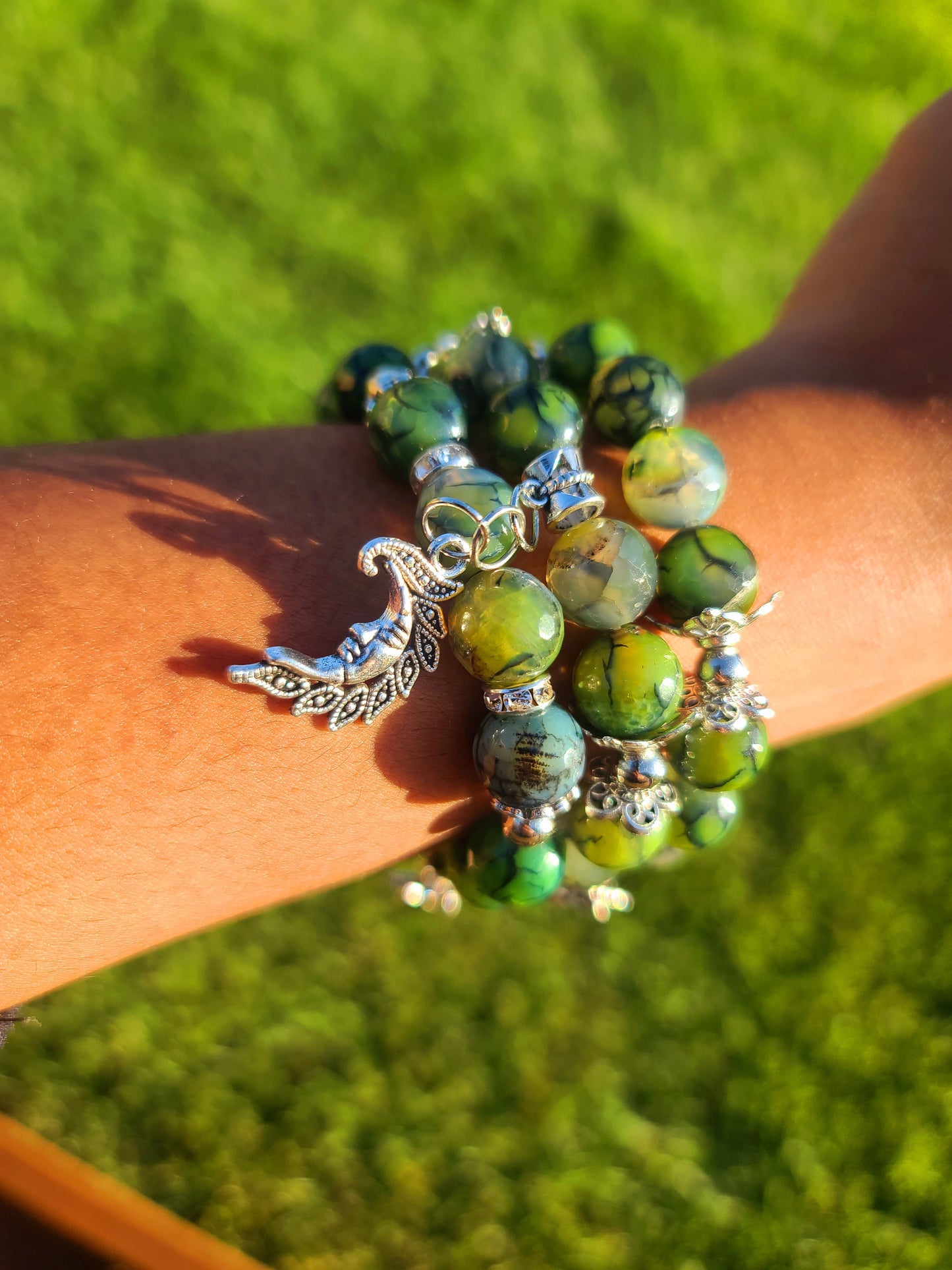 Beaded Bracelet Set Green Dragon Vein Faceted Agate Silver Moon & Stars Charms Gift For Her