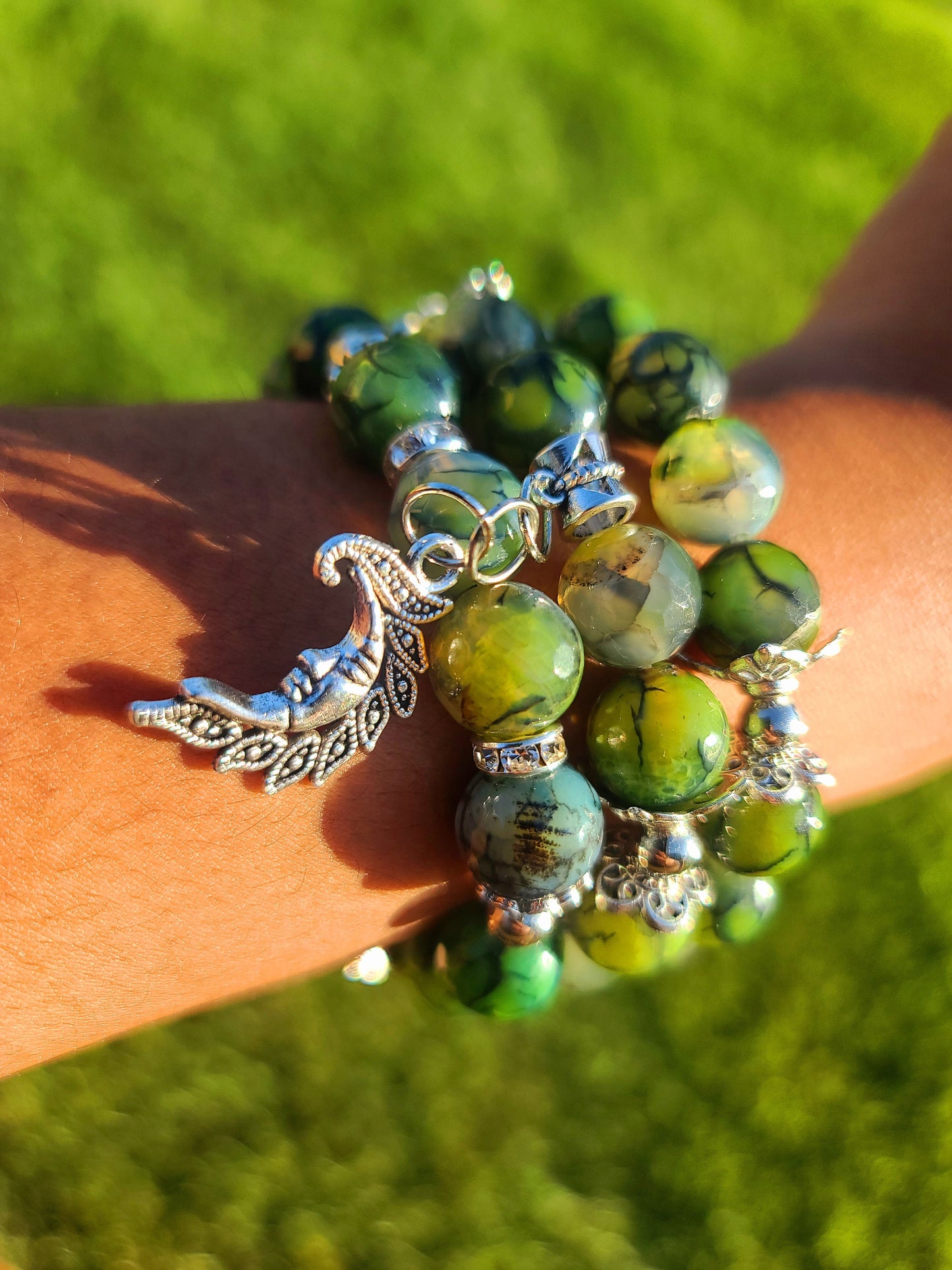 Beaded Bracelet Set Green Dragon Vein Faceted Agate Silver Moon & Stars Charms Gift For Her
