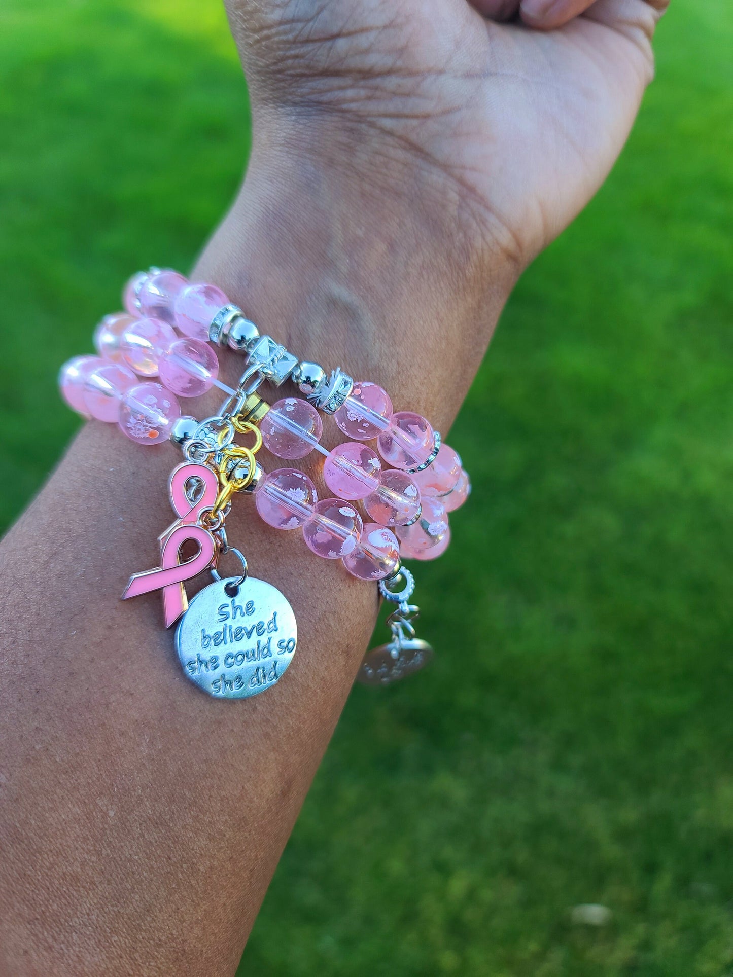 Pink Snowflake Glass Beads Gold Breast Cancer Awareness & motivation