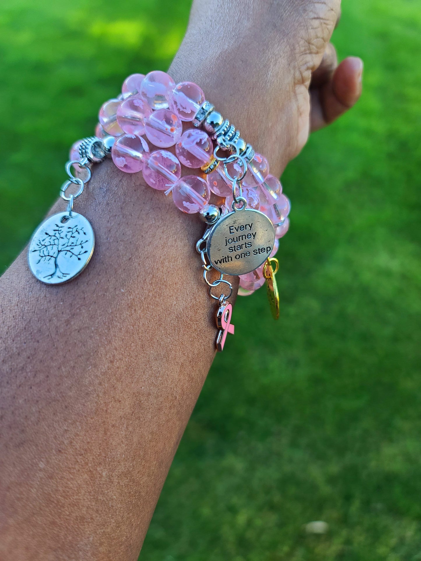 Pink Snowflake Glass Beads Gold Breast Cancer Awareness & motivation