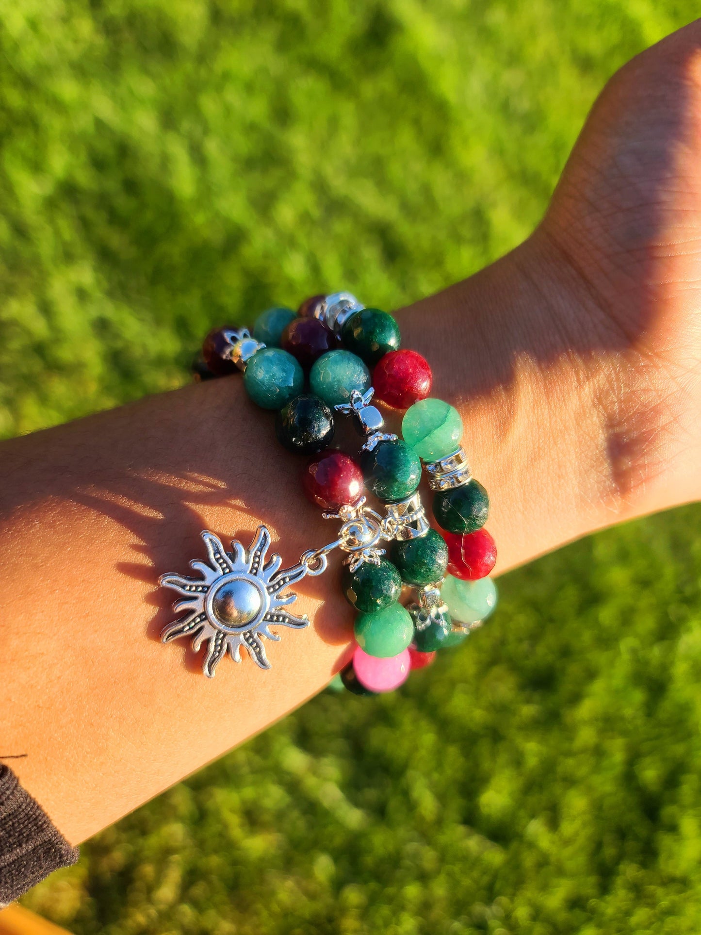 Beaded Bracelet Set Green, Cranberry & Pink Agate with Silver Sun Charm One-Of-A-Kind Gift For Her