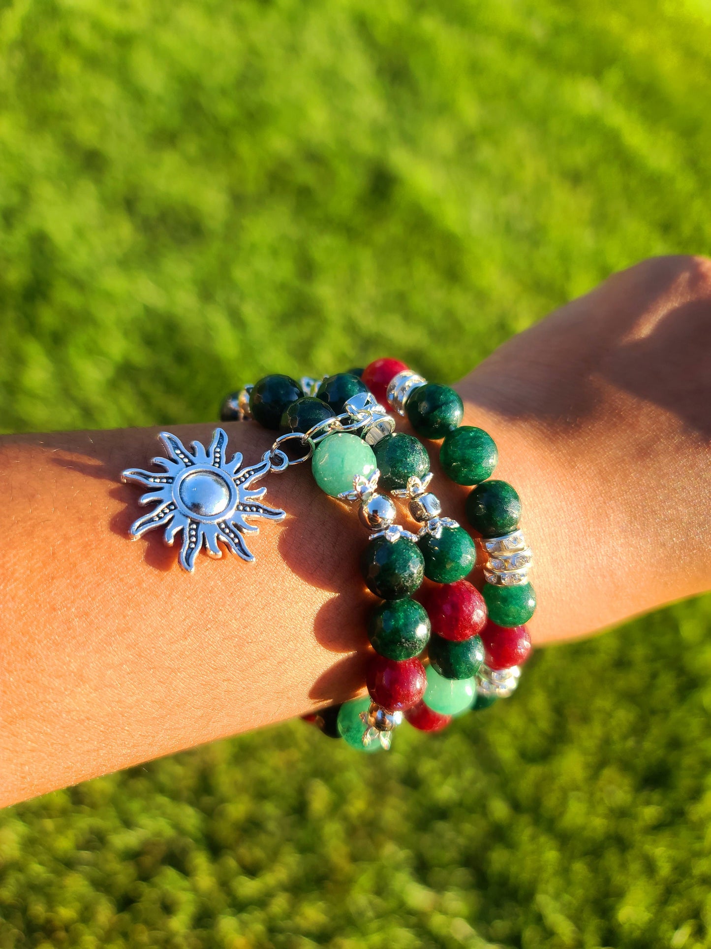 Beaded Bracelet Set Green, Cranberry & Pink Agate with Silver Sun Charm One-Of-A-Kind Gift For Her