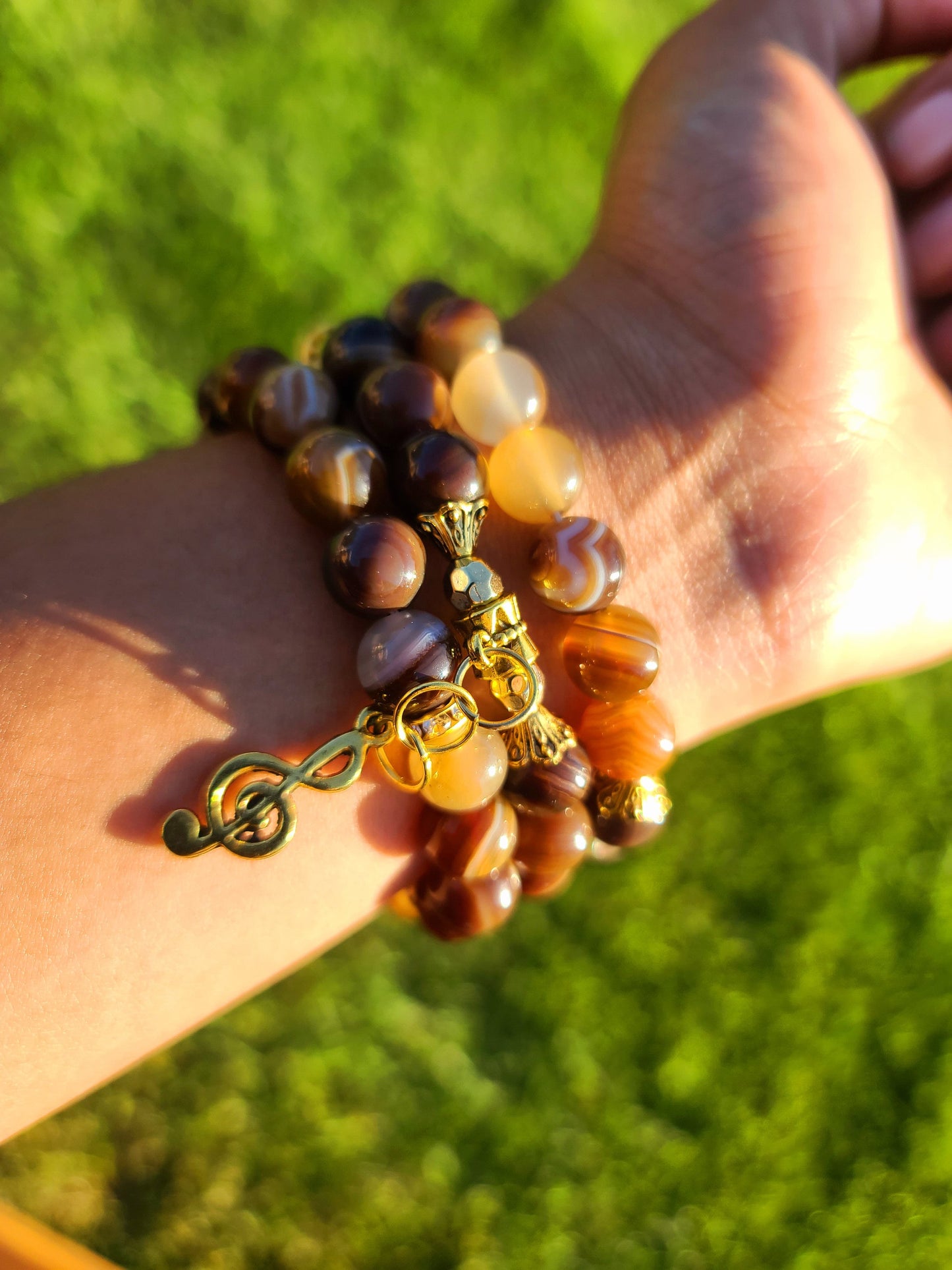 Beaded Bracelet Set Brown Round Banded Agate with Gold Music Note Gift For Her