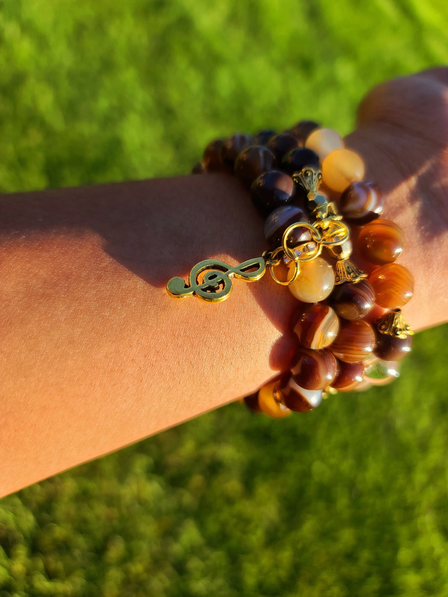 Beaded Bracelet Set Brown Round Banded Agate with Gold Music Note Gift For Her