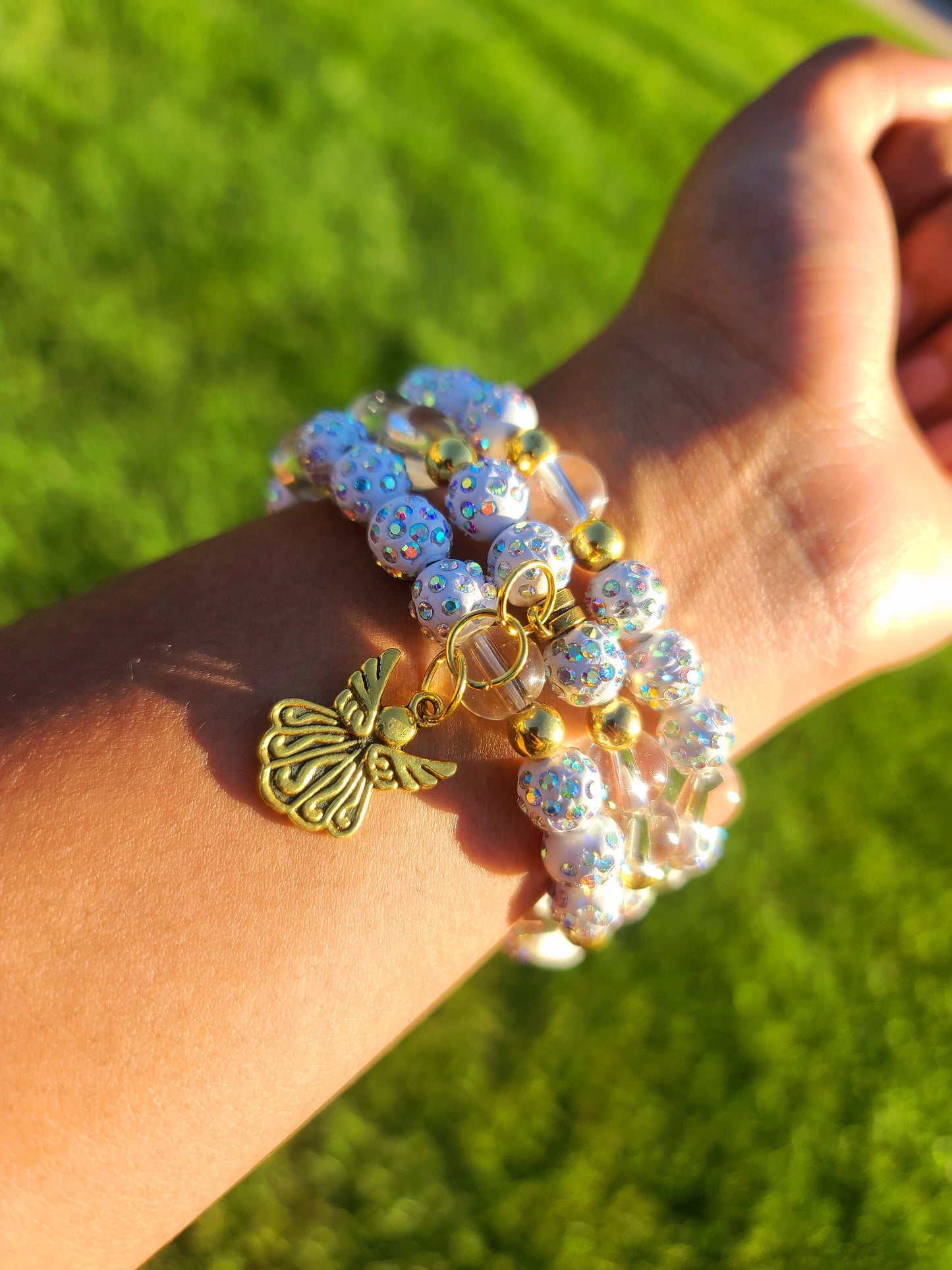 Beaded Bracelet Set White Iridescent Clear Quartz with Gold Angel Charm