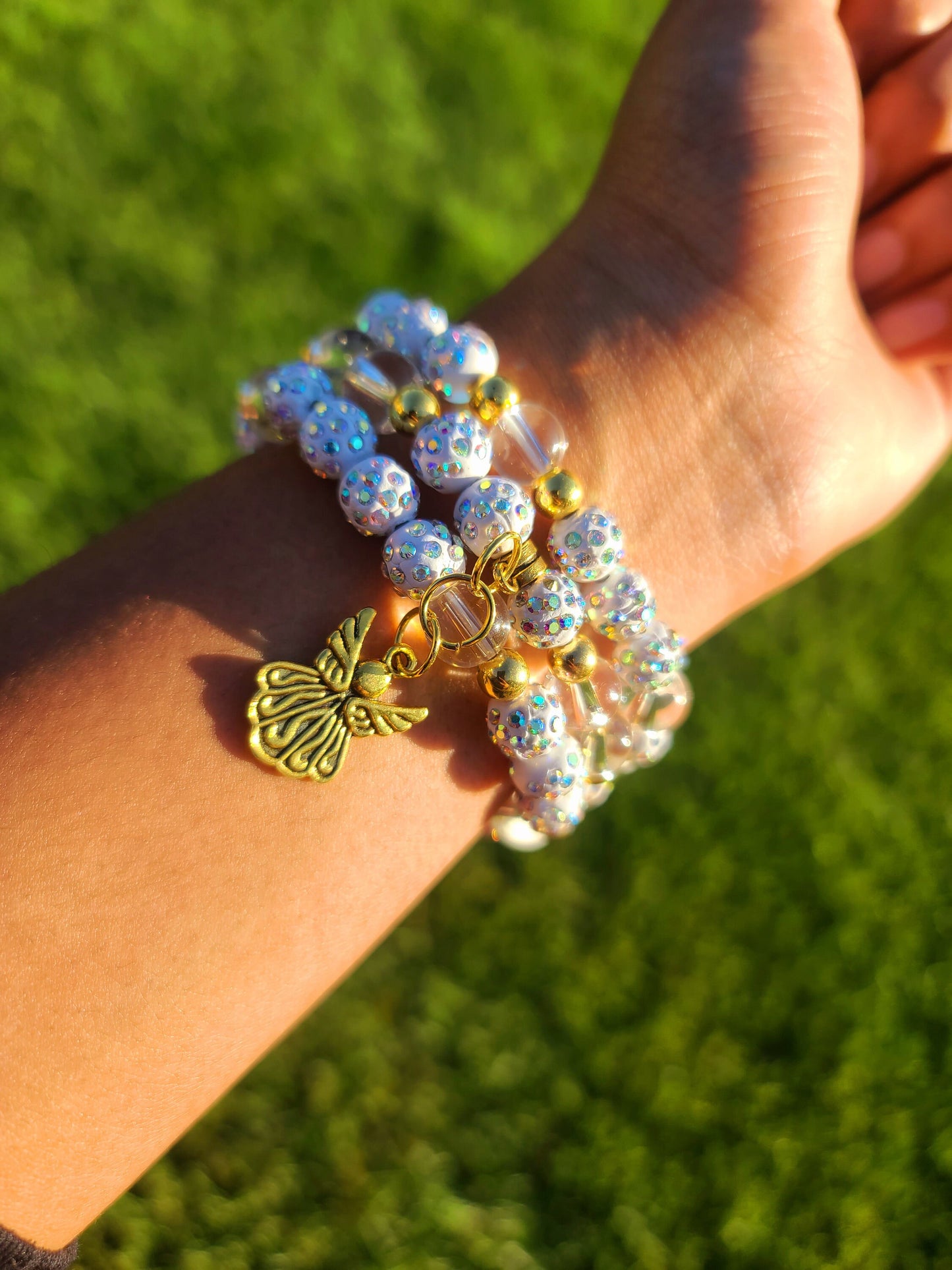 Beaded Bracelet Set White Iridescent Clear Quartz with Gold Angel Charm