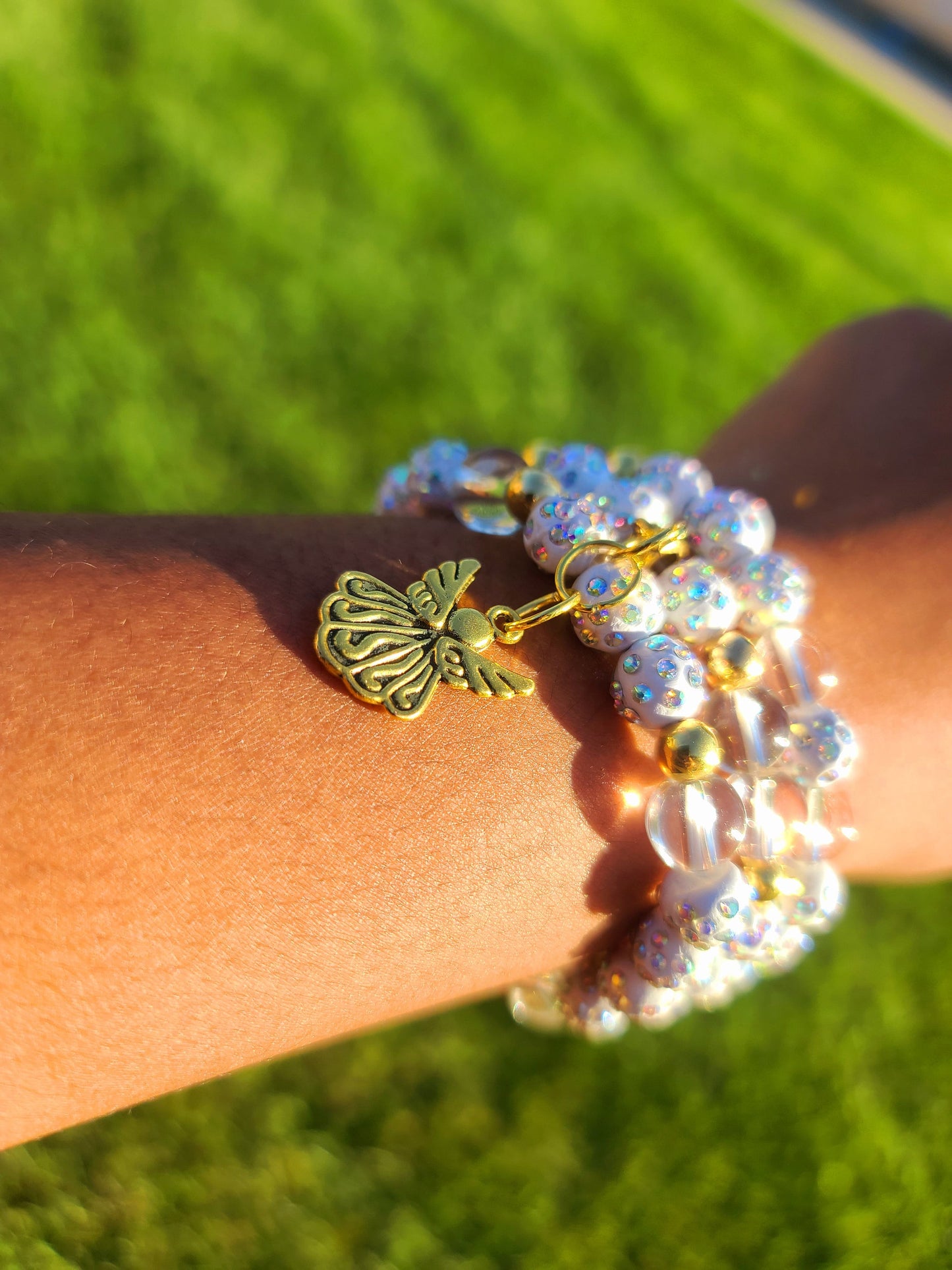 Beaded Bracelet Set White Iridescent Clear Quartz with Gold Angel Charm