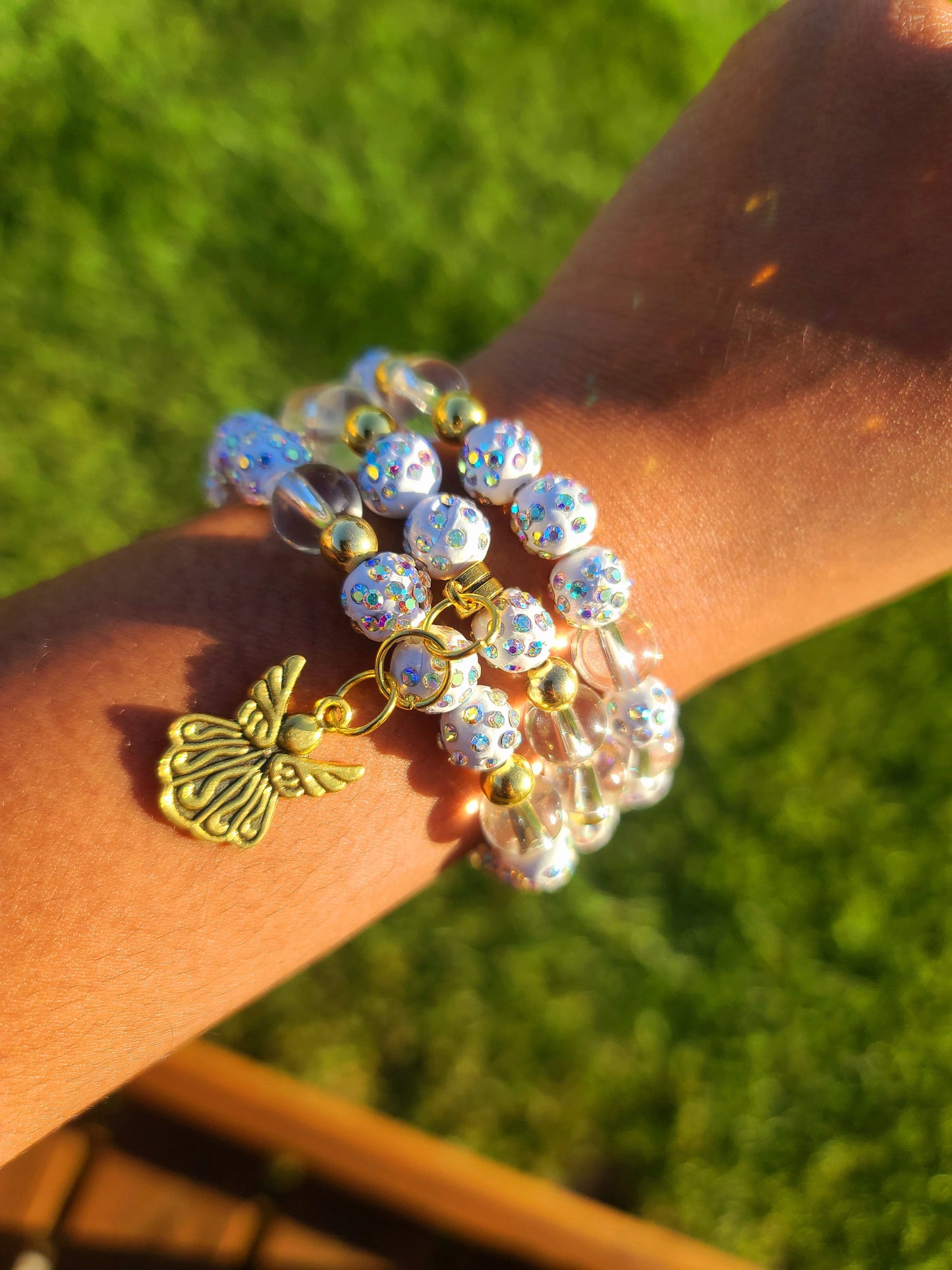 Beaded Bracelet Set White Iridescent Clear Quartz with Gold Angel Charm