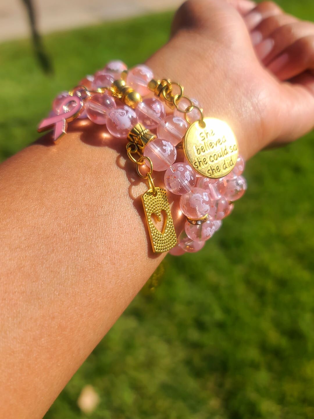 Beaded Bracelet Set Pink Snowflake Glass Beads Gold Breast Cancer Awareness & motivation Charms Gift For Her
