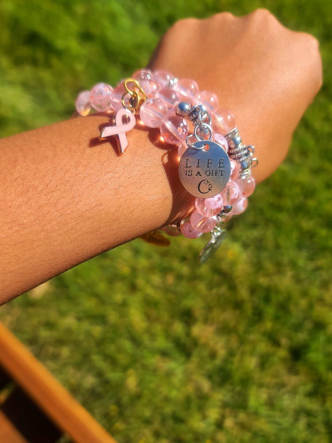 Beaded Bracelet Set Pink Snowflake Glass Beads Gold/Silver Breast Cancer Awareness & motivation Charms Gift For Her