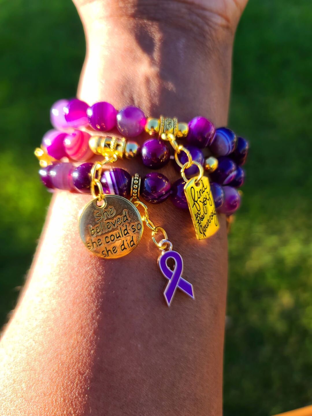 Beaded Bracelet Set Purple Banded Round Agate Beads with Gold Domestic Violence Awareness Motivational Charms