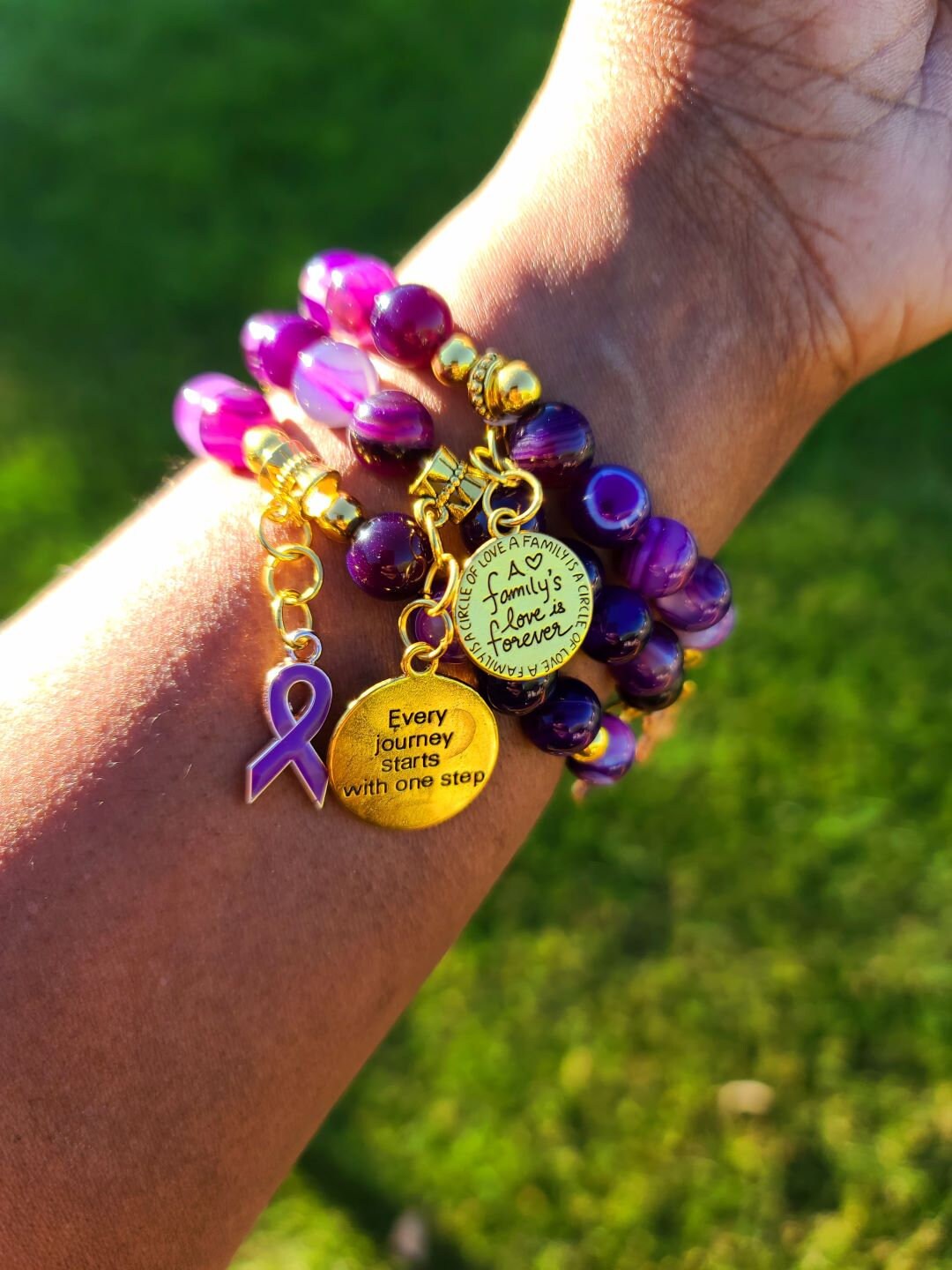 Beaded Bracelet Set Purple Banded Round Agate Beads with Gold Domestic Violence Awareness Motivational Charms