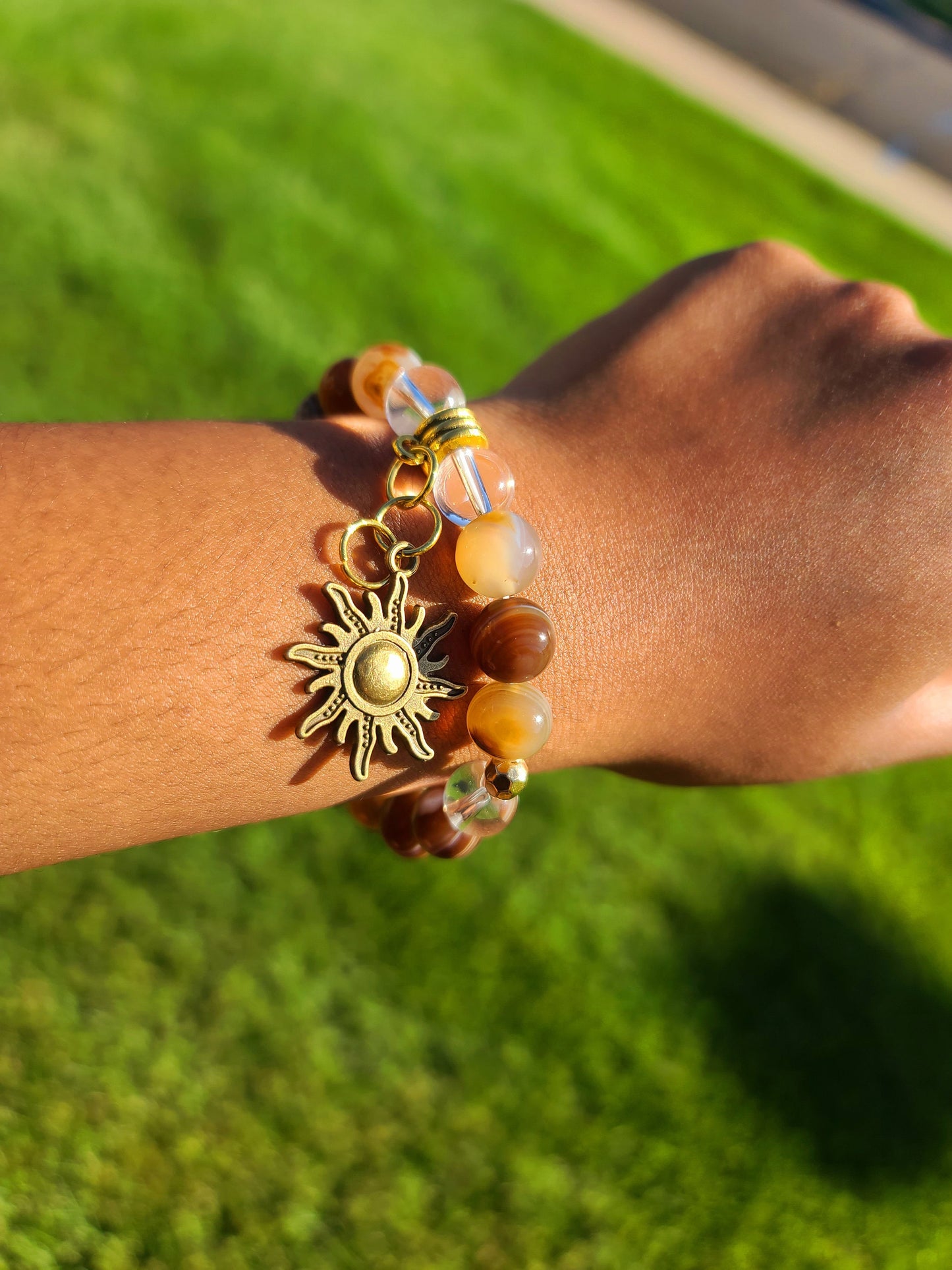 Beaded Bracelet Brown Round Banded Agate with Gold Music Note Gift For Her