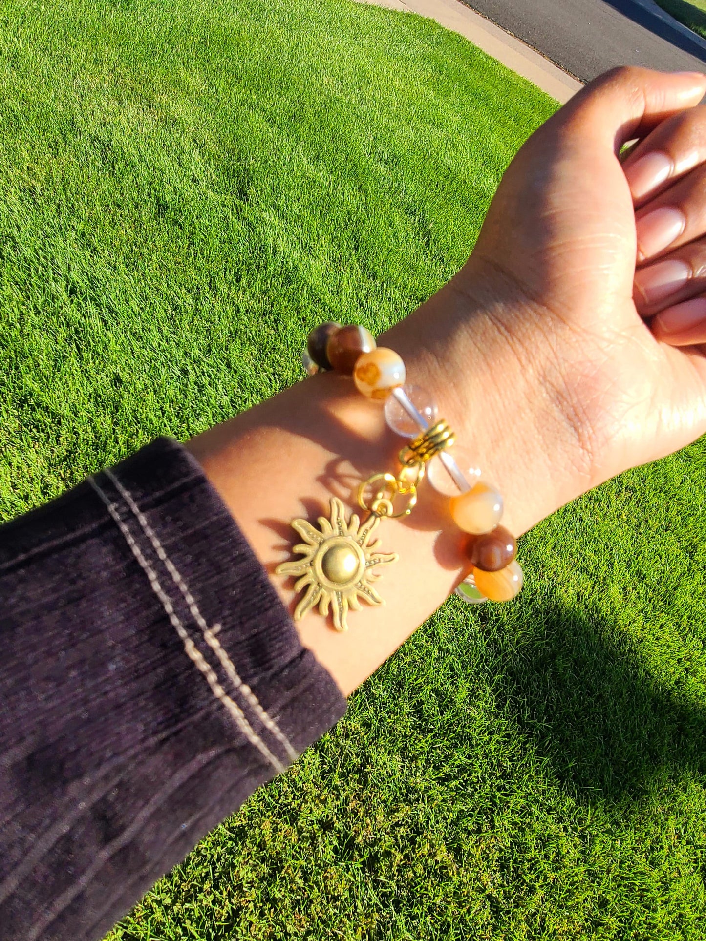 Beaded Bracelet Brown Round Banded Agate with Gold Music Note Gift For Her