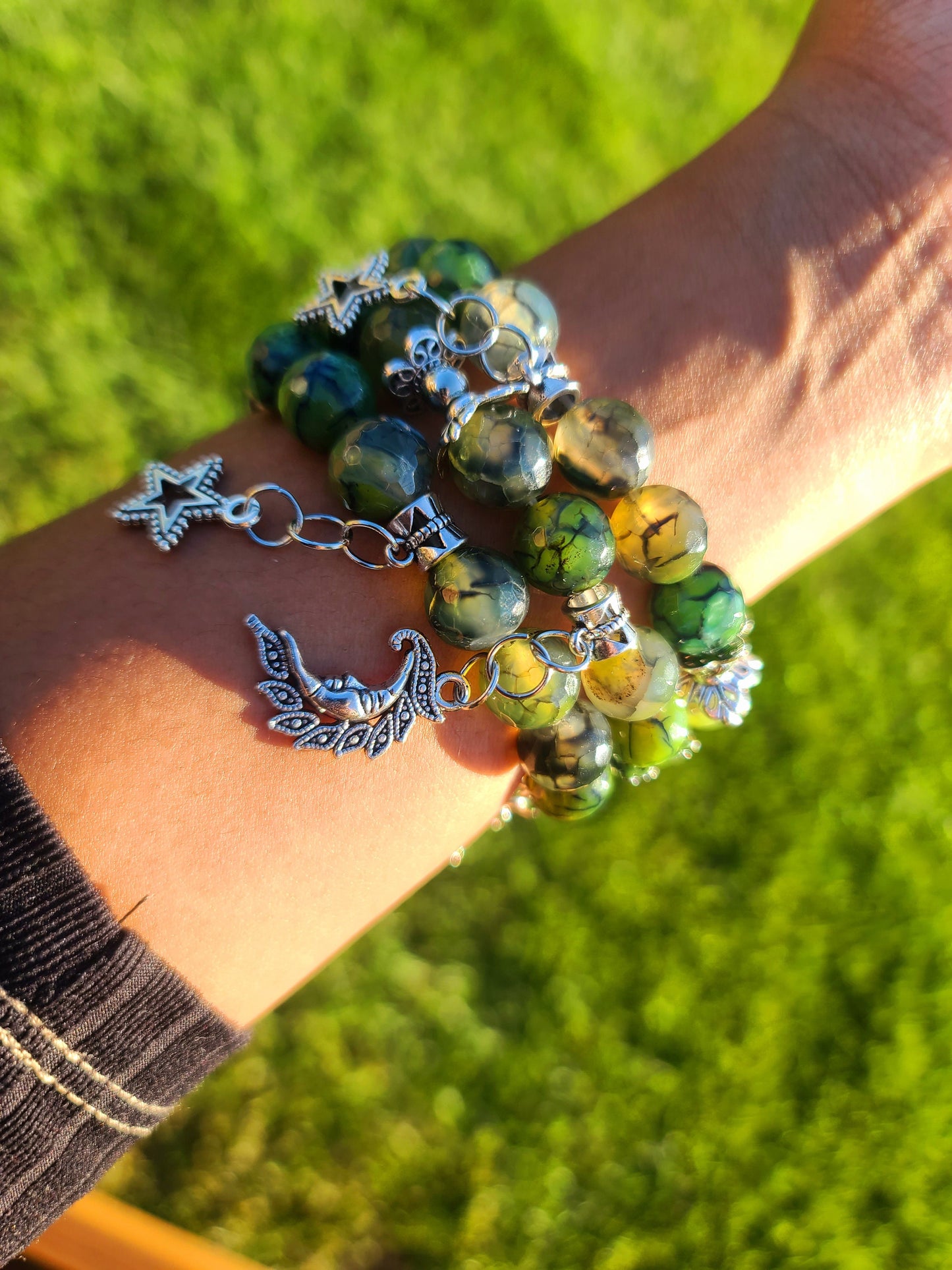 Beaded Bracelet Set Green Dragon Vein Faceted Agate Silver Moon & Stars Charms Gift For Her