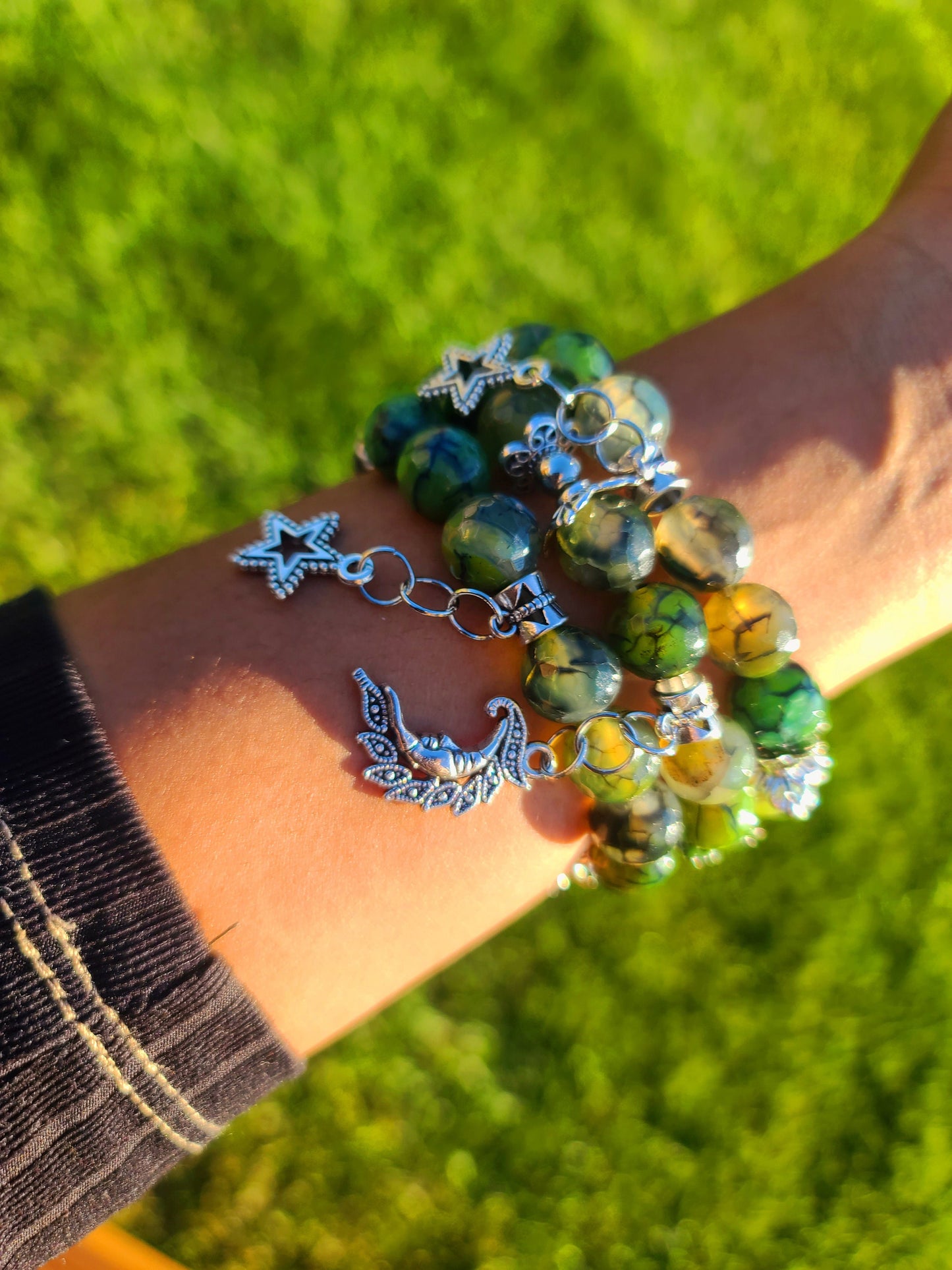 Beaded Bracelet Set Green Dragon Vein Faceted Agate Silver Moon & Stars Charms Gift For Her