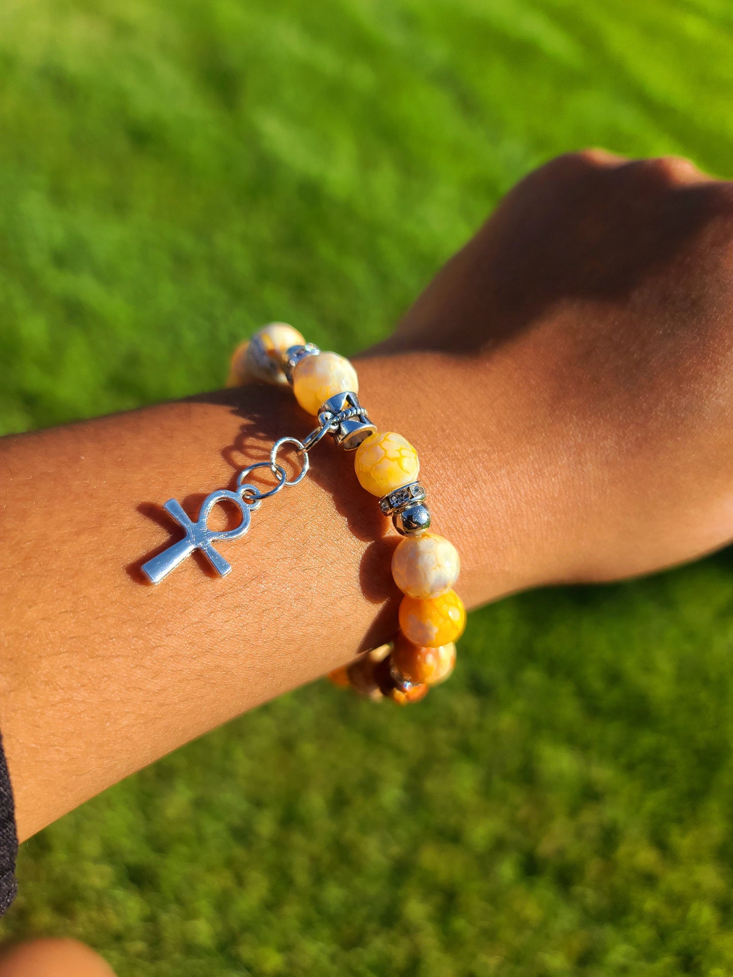Beaded Bracelet Set Amber Round Banded Agate with Silver Ankh Gift For Her