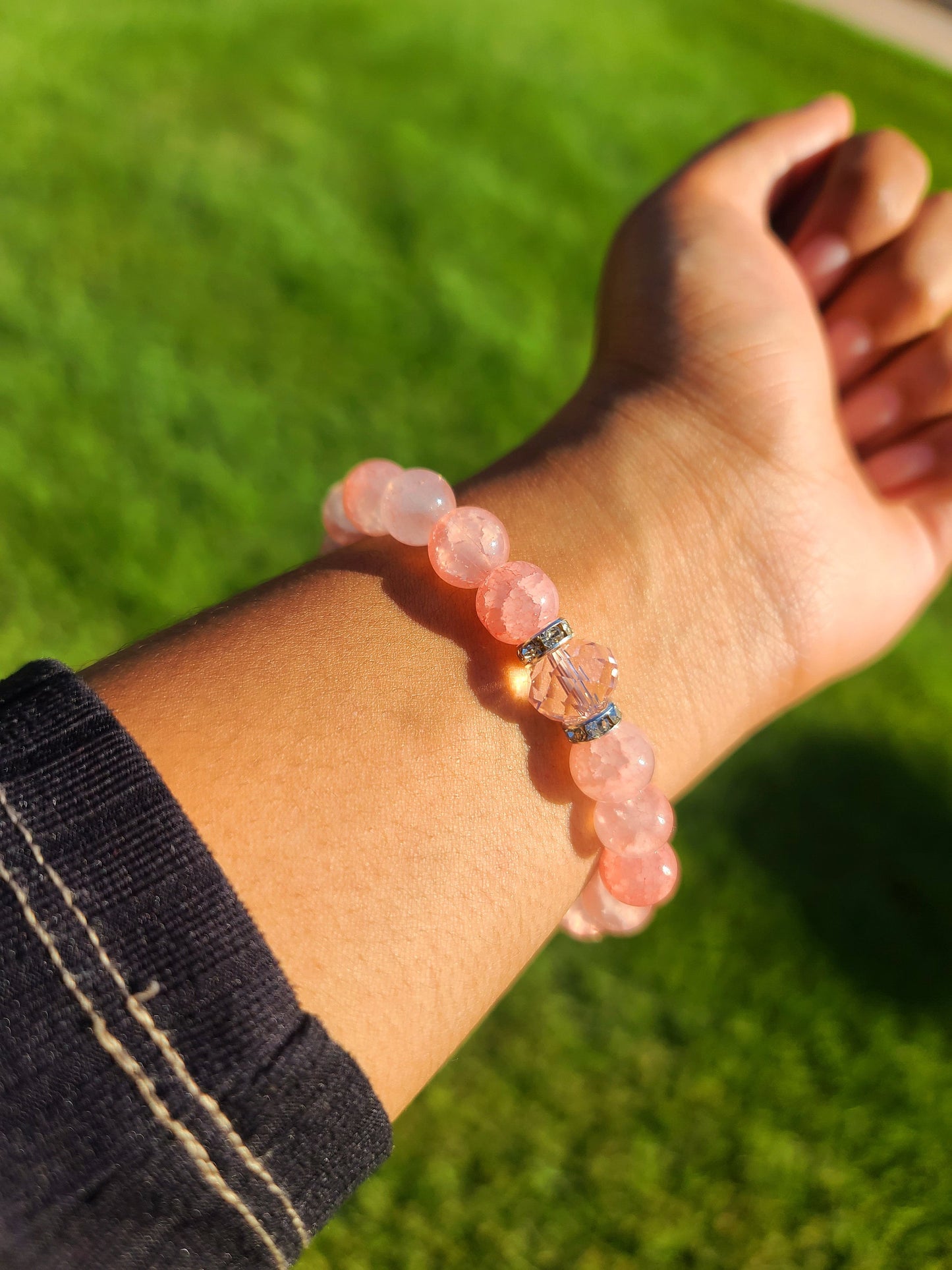Beaded Bracelet Set Rose Quartz with Pink Glass Bead Gift For Her