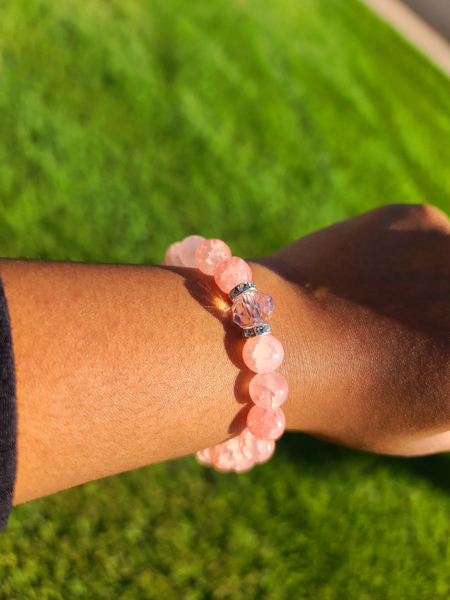 Beaded Bracelet Set Rose Quartz with Pink Glass Bead Gift For Her