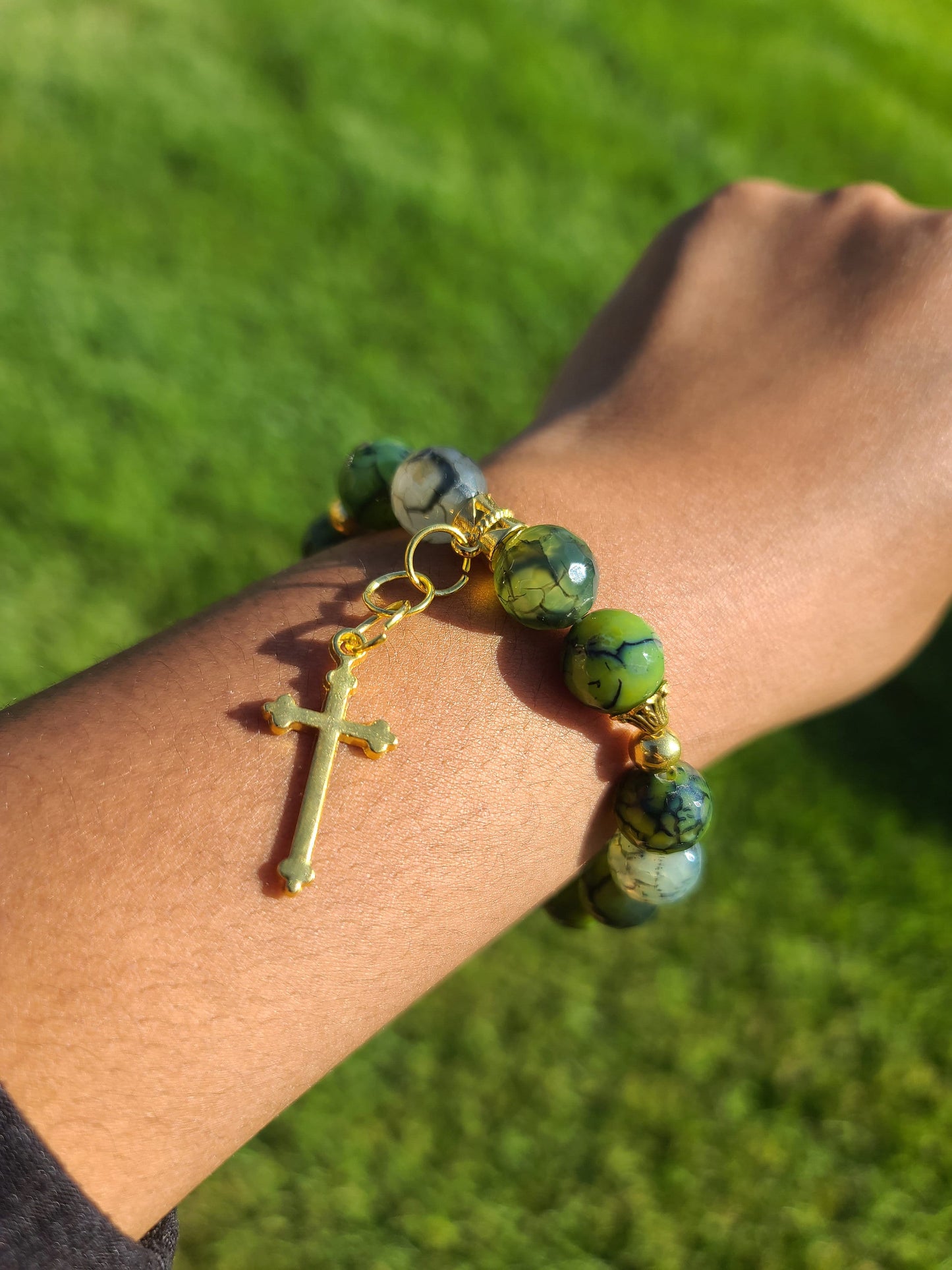 Beaded Bracelet Green Dragon Vein Faceted Agate Gold Cross Charm Gift For Her