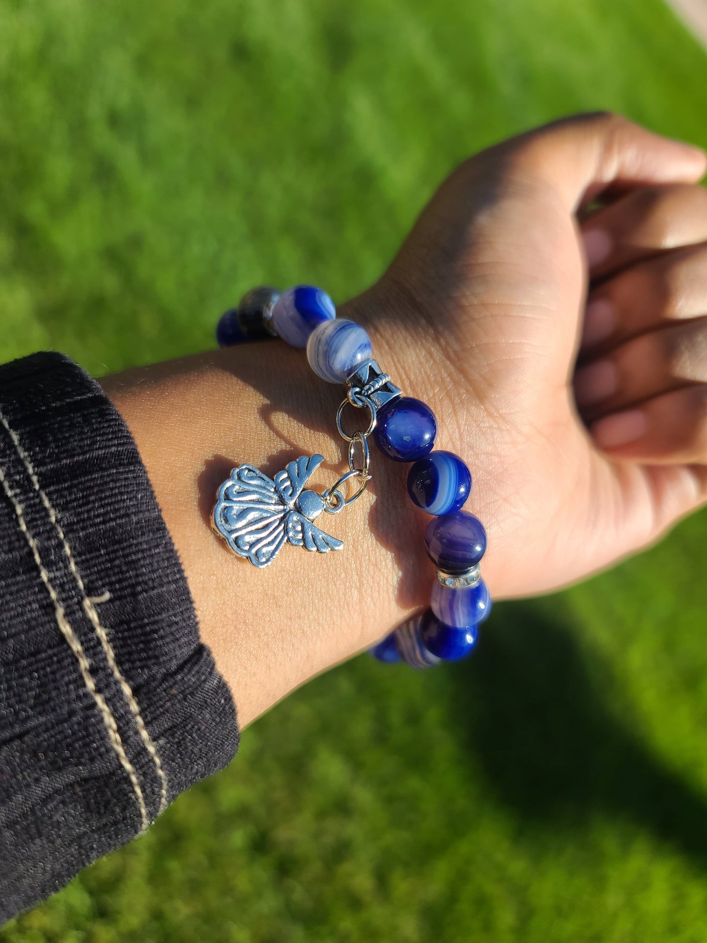 Beaded Bracelet Royal Blue Banded Round Agate Silver Angel Charm Gift For Her