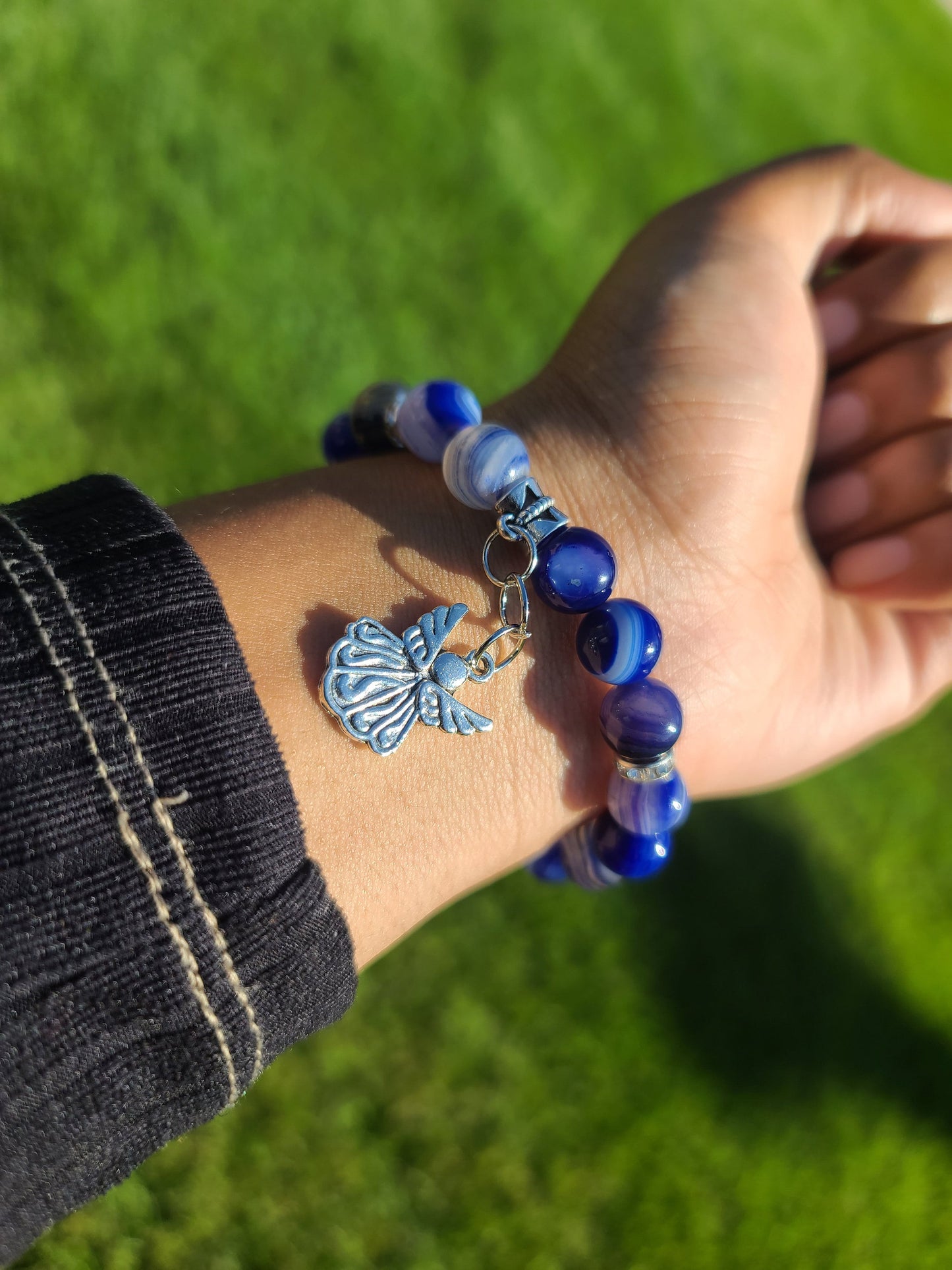 Beaded Bracelet Royal Blue Banded Round Agate Silver Angel Charm Gift For Her