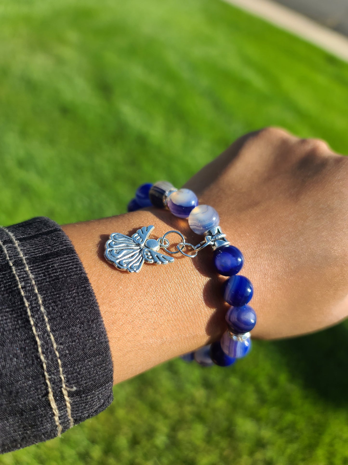 Beaded Bracelet Royal Blue Banded Round Agate Silver Angel Charm Gift For Her