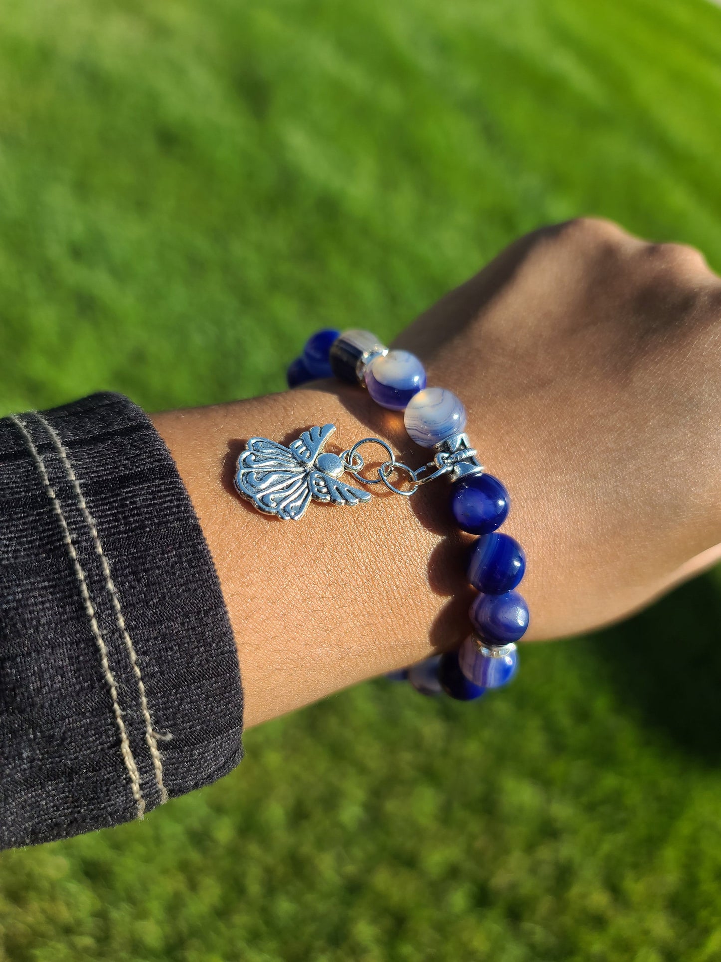 Beaded Bracelet Royal Blue Banded Round Agate Silver Angel Charm Gift For Her