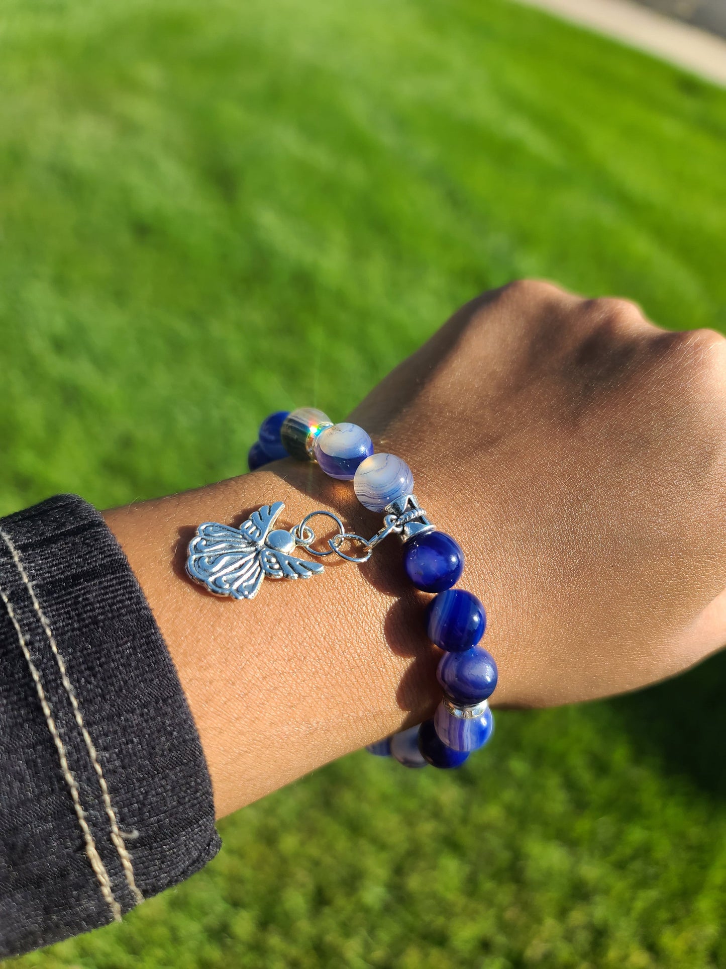 Beaded Bracelet Royal Blue Banded Round Agate Silver Angel Charm Gift For Her