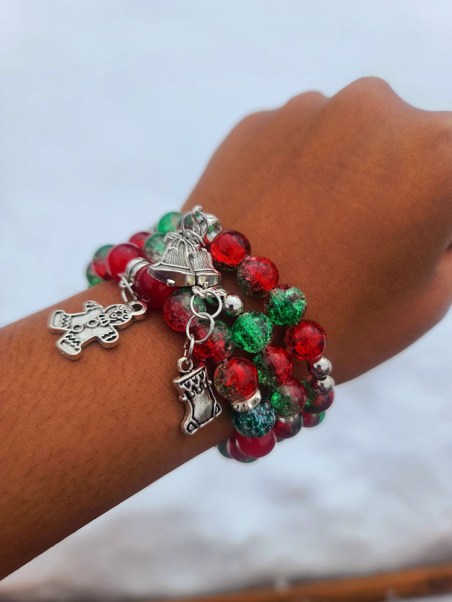 Beaded Bracelet Set Christmas Green and Red Round Glass Beads Silver Christmas Charms Gift For Her