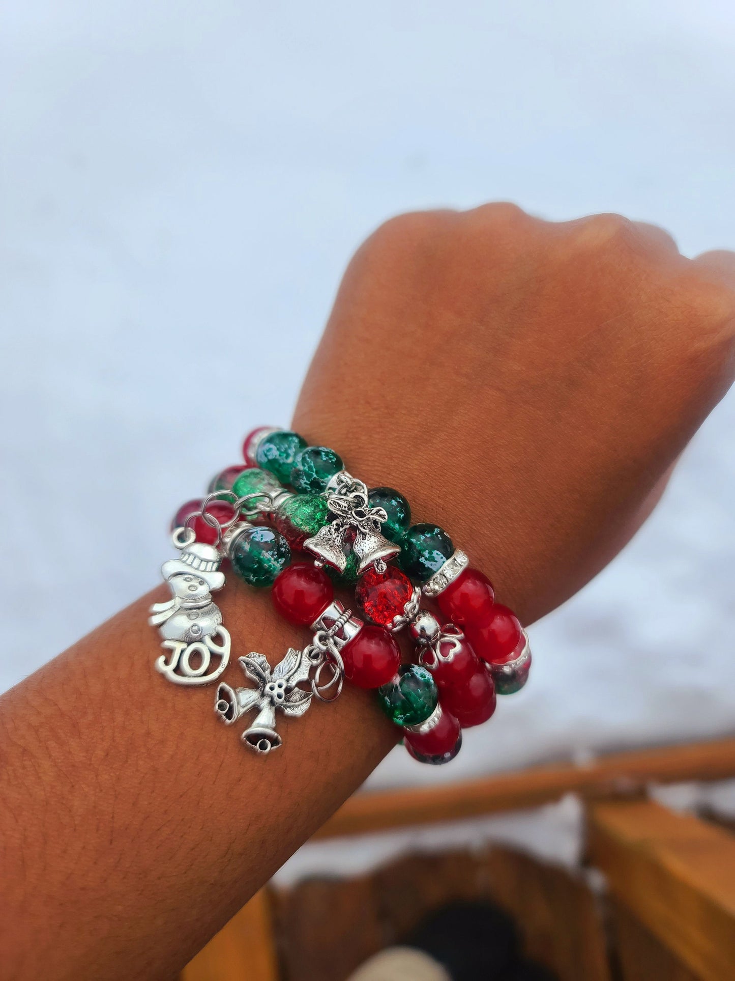 Beaded Bracelet Set Christmas Green and Red Round Glass Beads Silver Christmas Charms Gift For Her