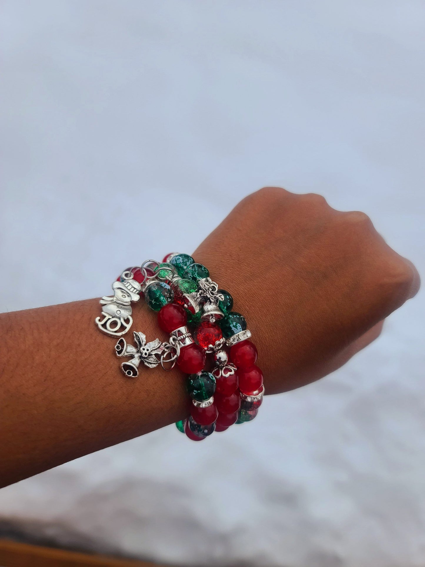 Beaded Bracelet Set Christmas Green and Red Round Glass Beads Silver Christmas Charms Gift For Her