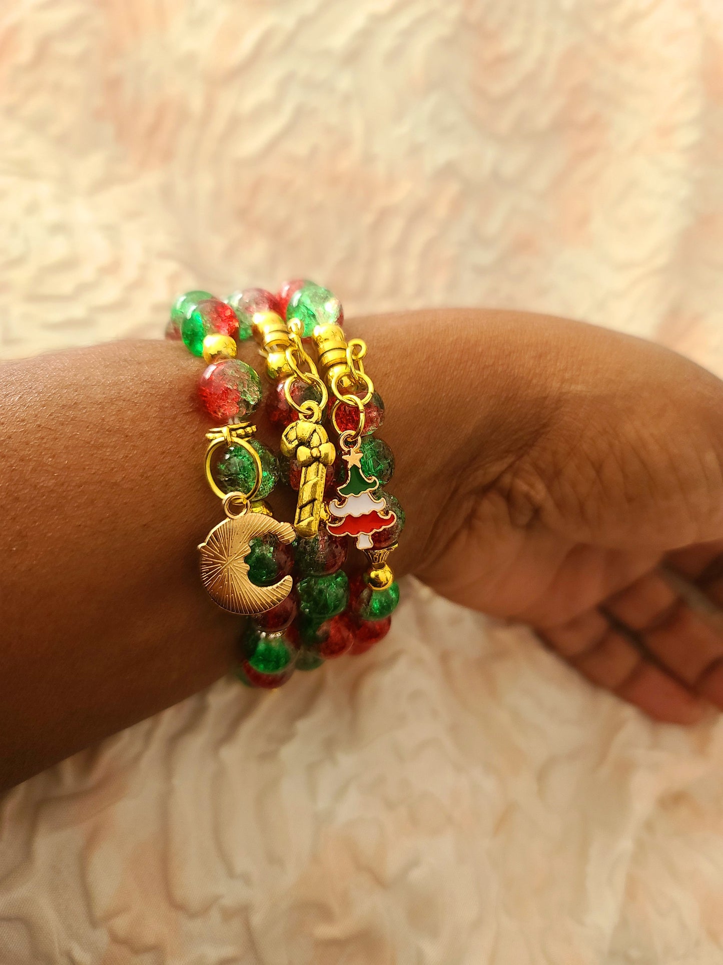 Beaded Bracelet Set Christmas Green and Red Round Glass Beads Gold Christmas Charms Gift For Her