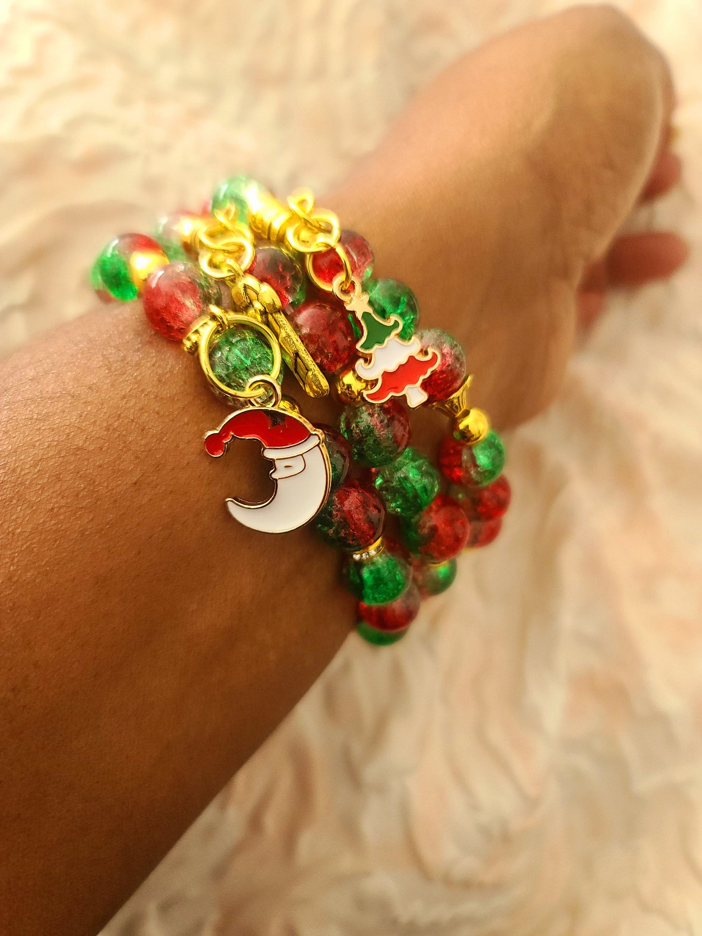 Beaded Bracelet Set Christmas Green and Red Round Glass Beads Gold Christmas Charms Gift For Her