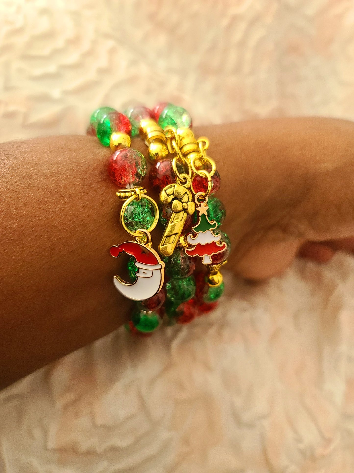 Beaded Bracelet Set Christmas Green and Red Round Glass Beads Gold Christmas Charms Gift For Her