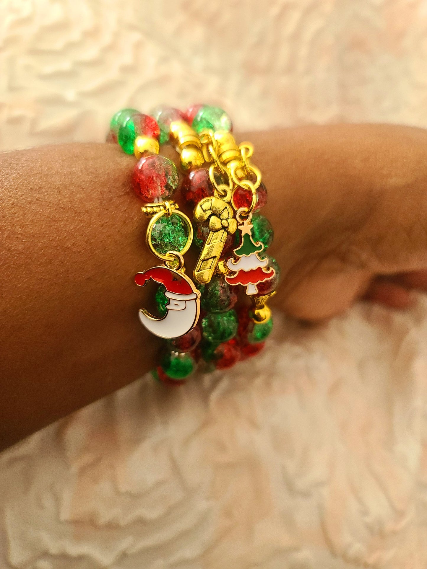Beaded Bracelet Set Christmas Green and Red Round Glass Beads Gold Christmas Charms Gift For Her