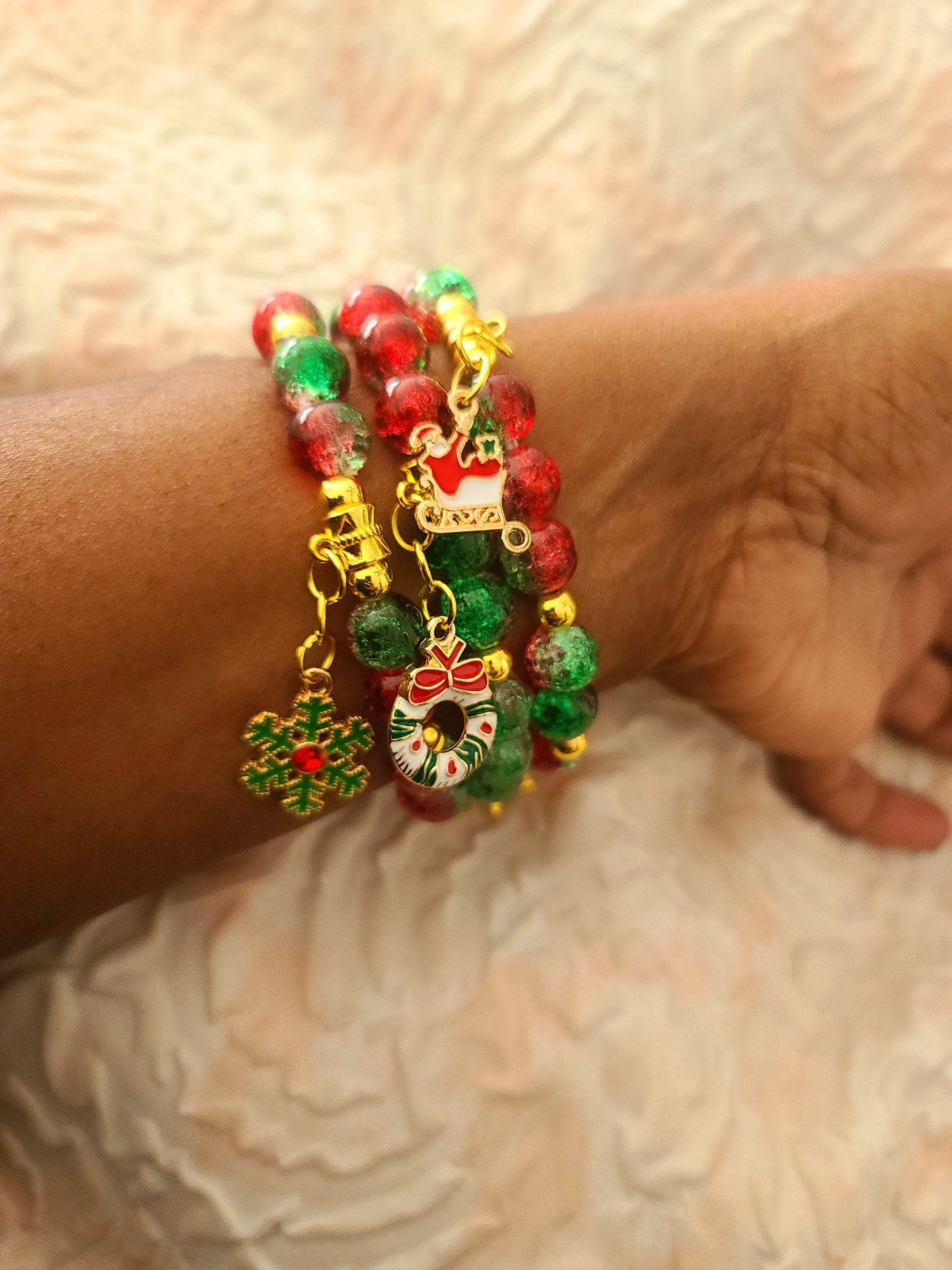 Beaded Bracelet Set Christmas Green and Red Round Glass Beads Gold Christmas Charms Gift For Her