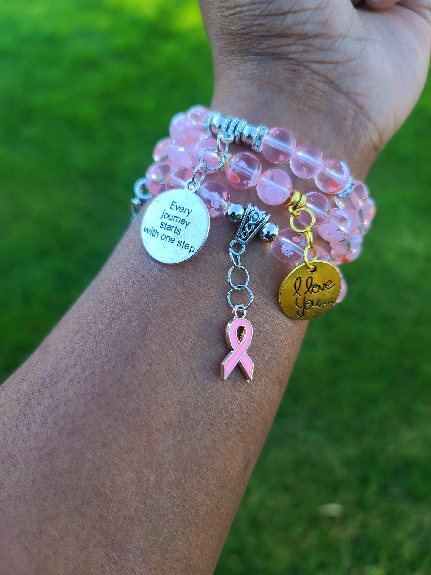Pink Snowflake Glass Beads Gold Breast Cancer Awareness & motivation