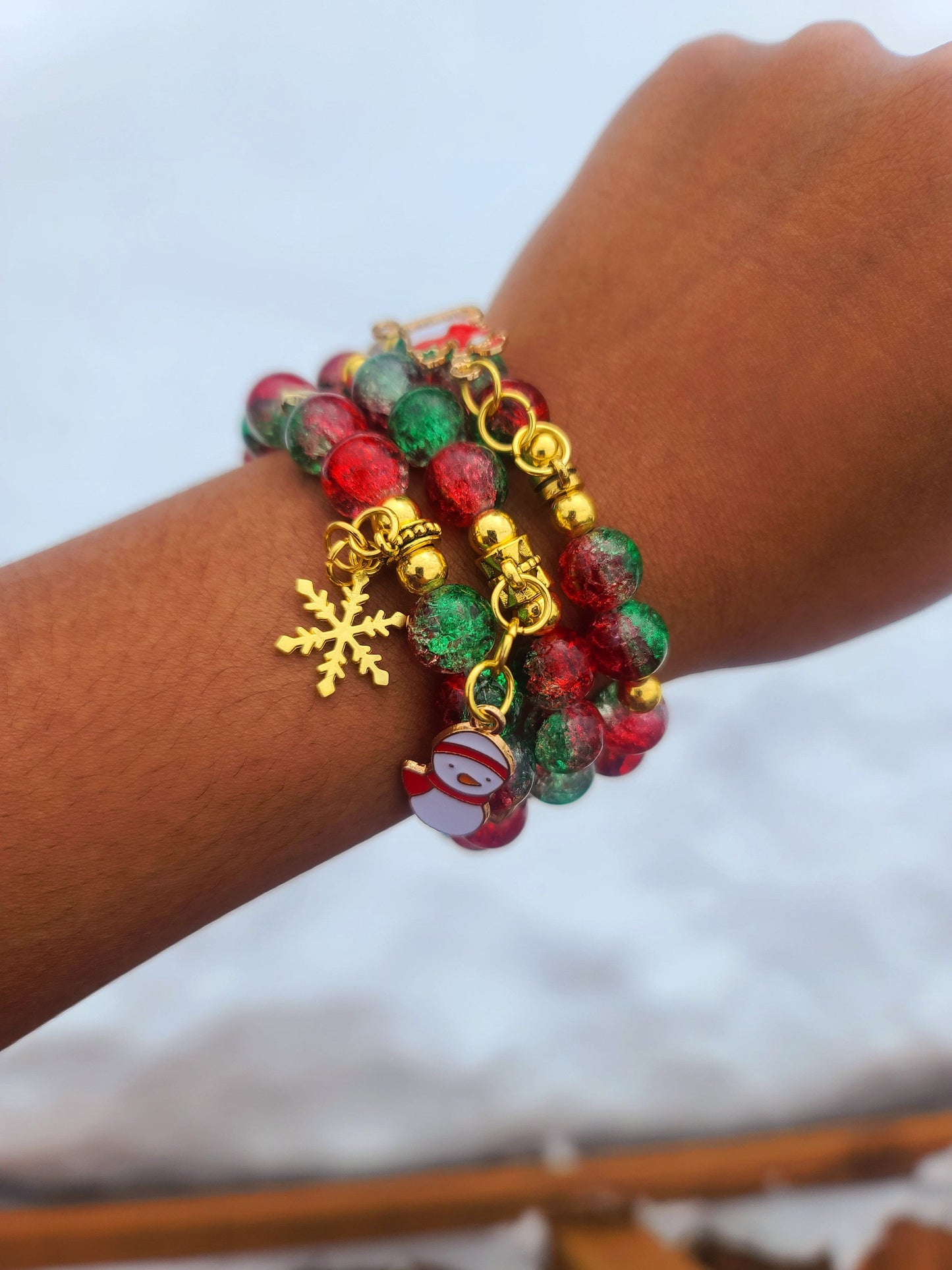 Beaded Bracelet Set Christmas Green and Red Round Glass Beads Gold Christmas Charms Gift For Her