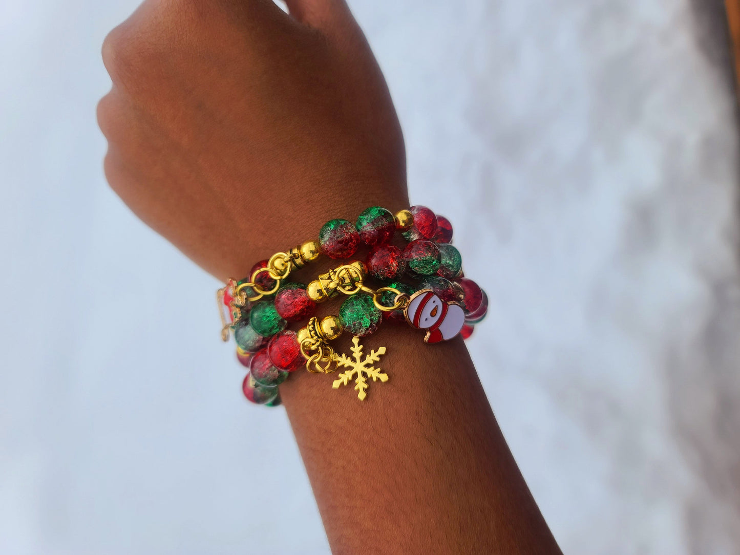 Beaded Bracelet Set Christmas Green and Red Round Glass Beads Gold Christmas Charms Gift For Her