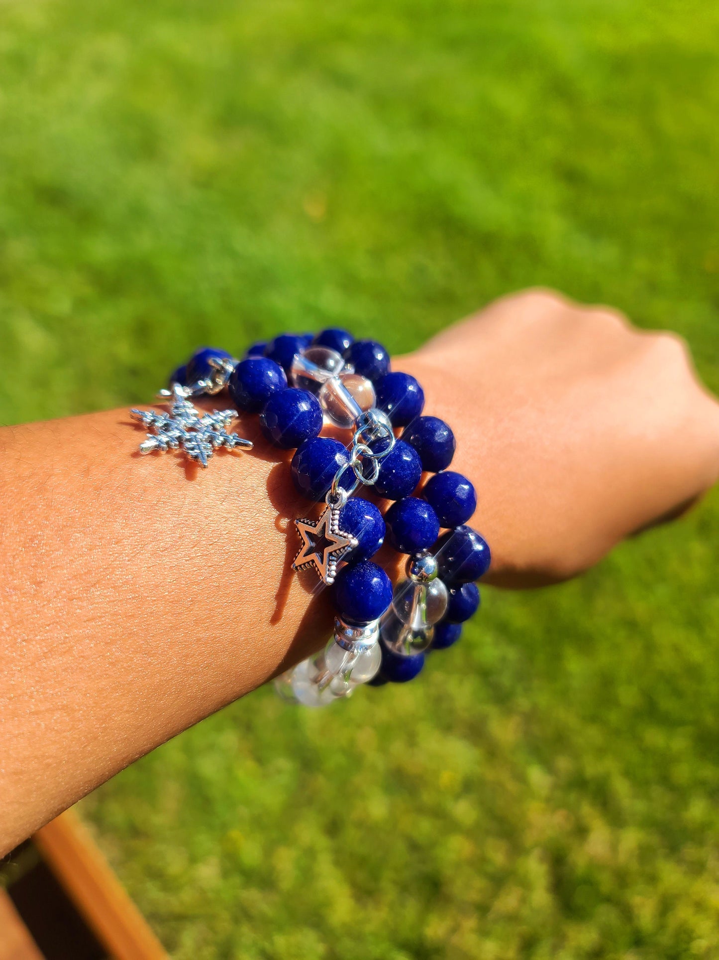 Beaded Bracelet Set Blue Banded Round Agate Clear Quartz Beads Silver Snowflakes Gift For Her