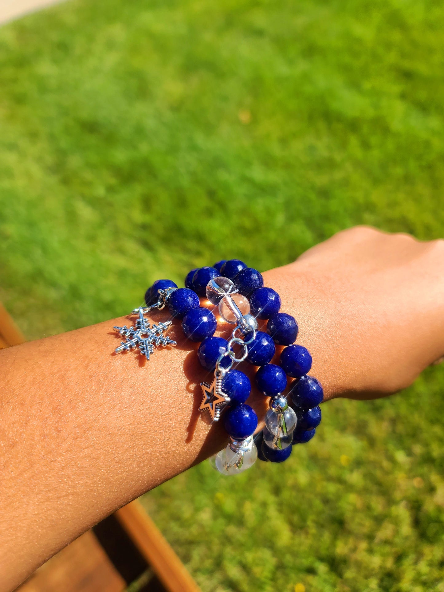 Beaded Bracelet Set Blue Banded Round Agate Clear Quartz Beads Silver Snowflakes Gift For Her