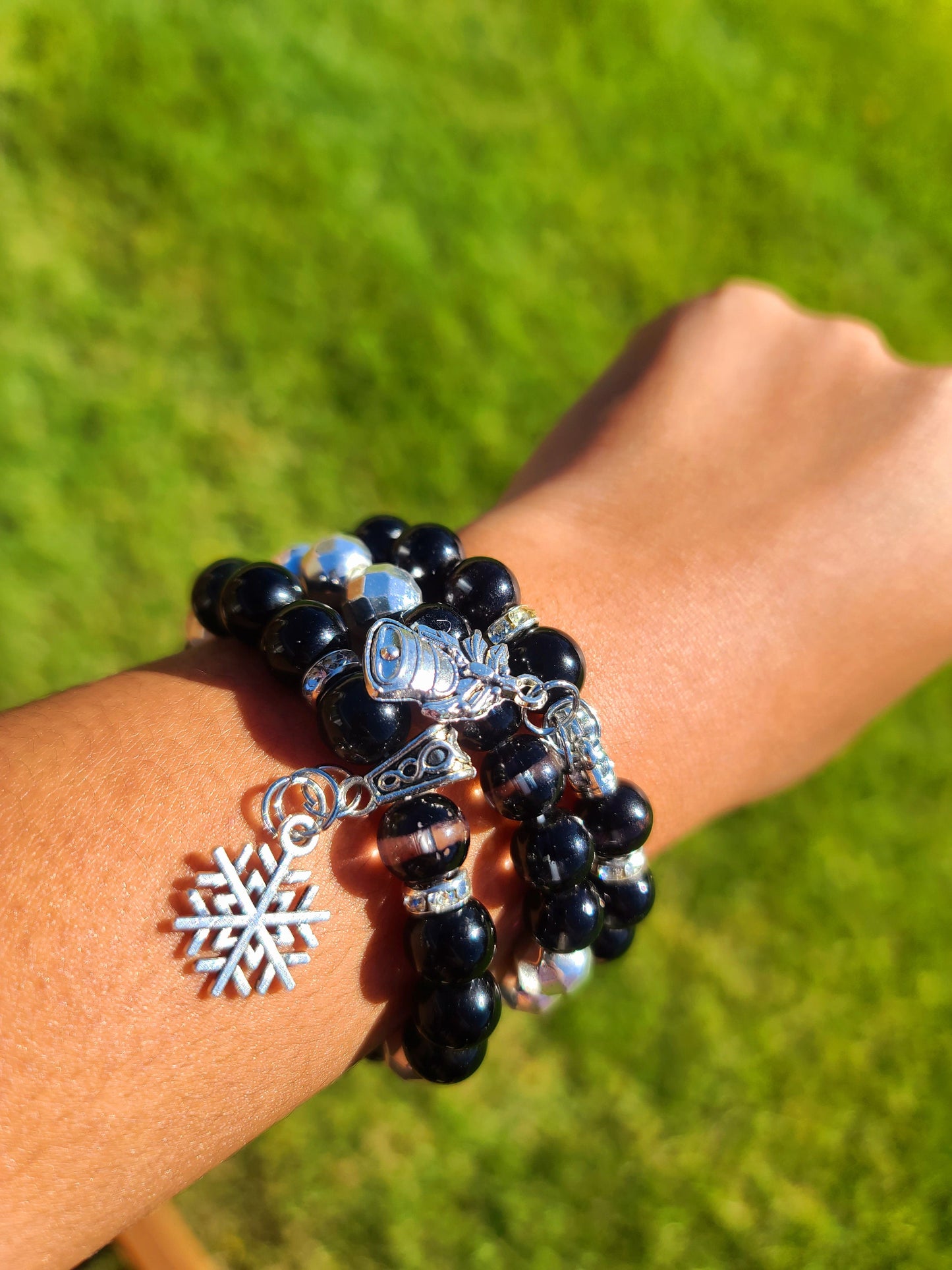 Beaded Bracelet Set Black Cat Eye Beads with Christmas Silver Bells and Snowflake Charms Gift For Her