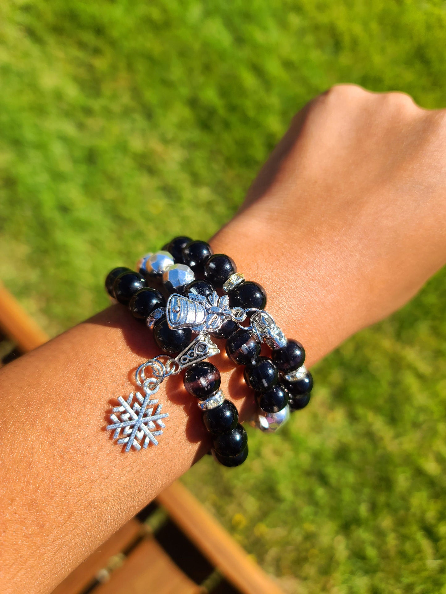 Beaded Bracelet Set Black Cat Eye Beads with Christmas Silver Bells and Snowflake Charms Gift For Her