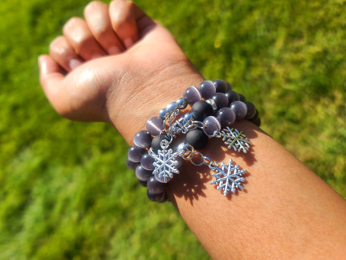 Beaded Bracelet Set Dark Grey Cat-Eye Silver Snowflake Charms Gift For Her