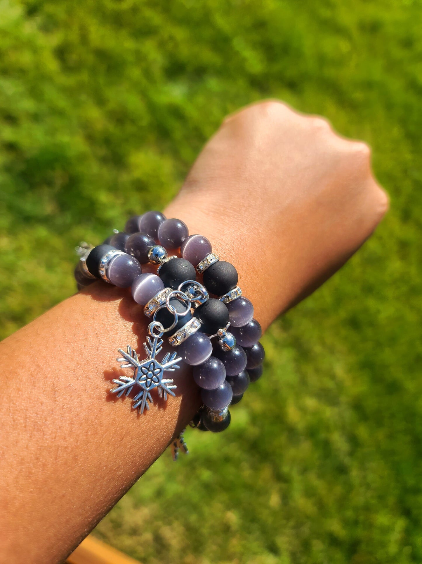 Beaded Bracelet Set Dark Grey Cat-Eye Silver Snowflake Charms Gift For Her