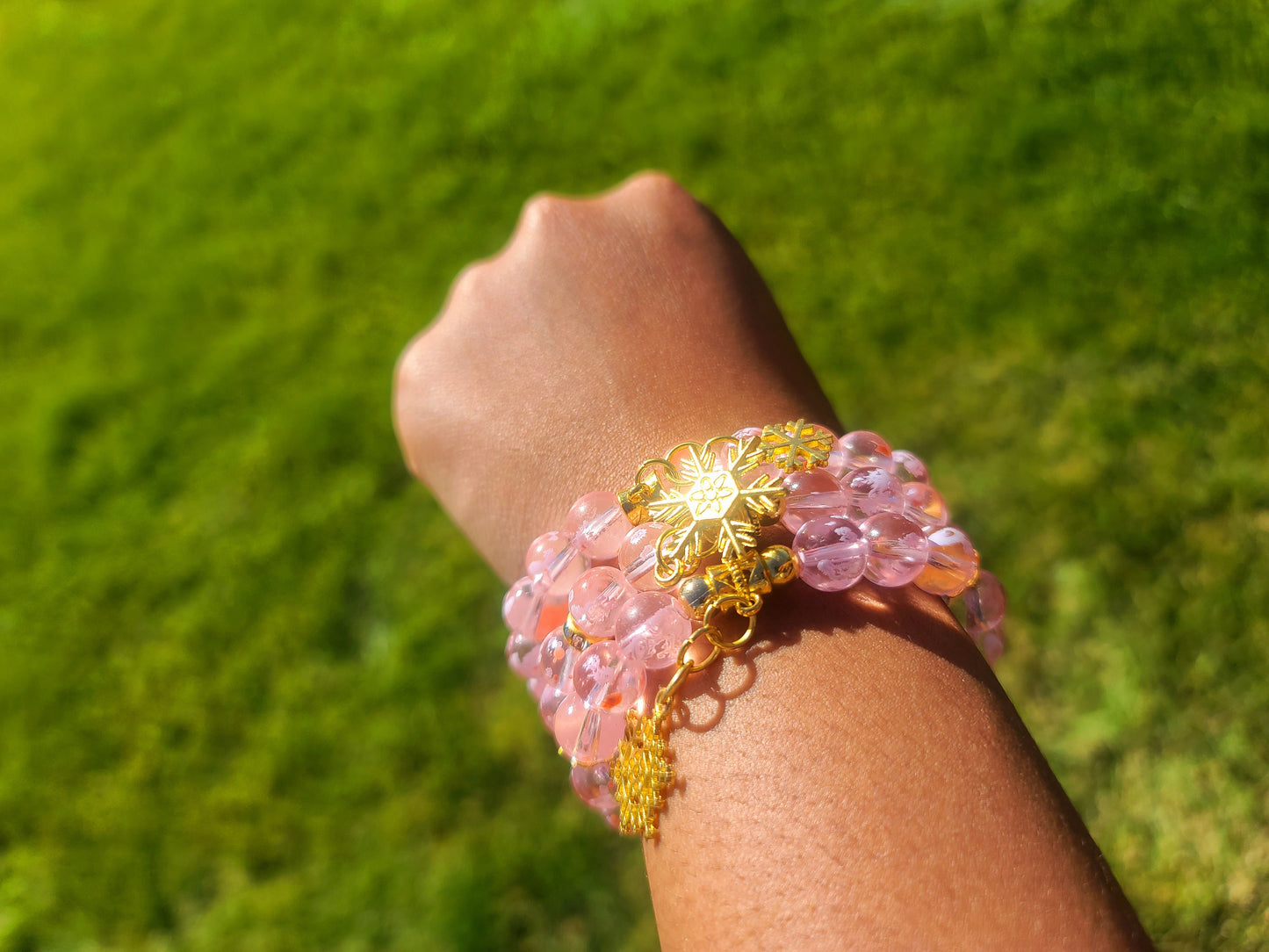 Beaded Bracelet Set Pink Snowflake Glass Beads Silver Snowflake Charms Gift For Her