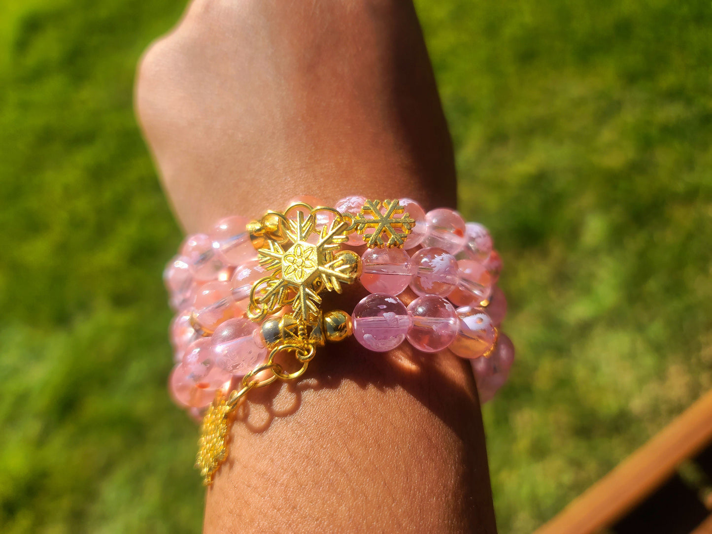 Beaded Bracelet Set Pink Snowflake Glass Beads Silver Snowflake Charms Gift For Her